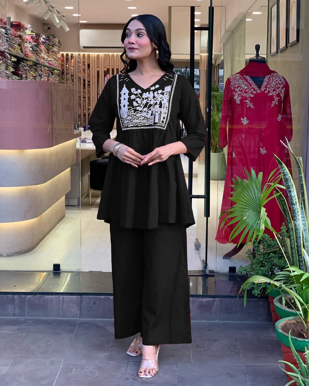 Black Embroidered Cotton Slub Kurta and Pant Set