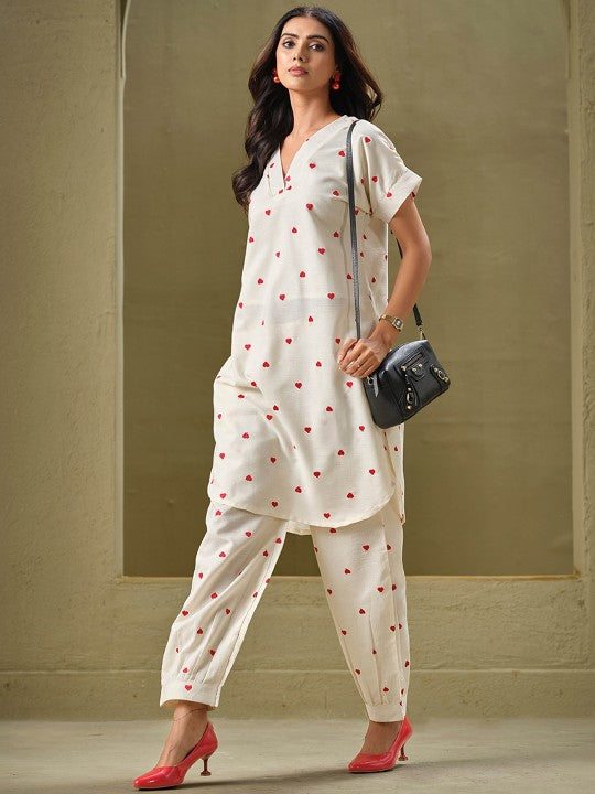 White Embroidered Rayon Kurta and Pant Set