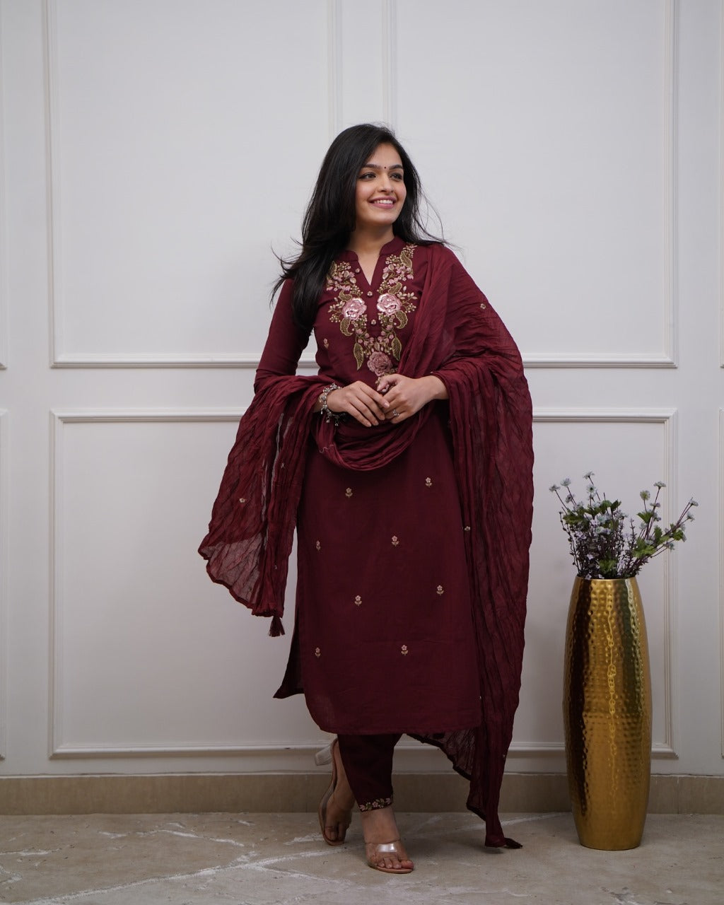 Maroon Embroidered Cotton Suit Set with Dupatta
