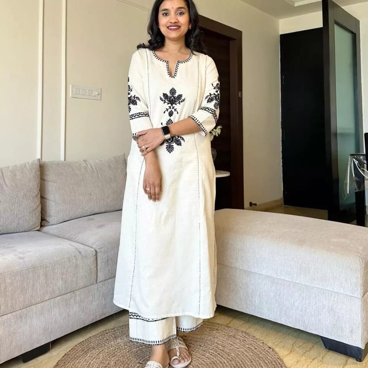 Off White Embroidered South Cotton Kurta and Pant Set