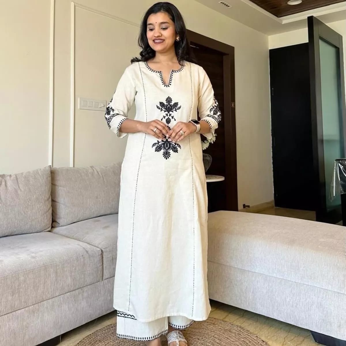 Off White Embroidered South Cotton Kurta and Pant Set