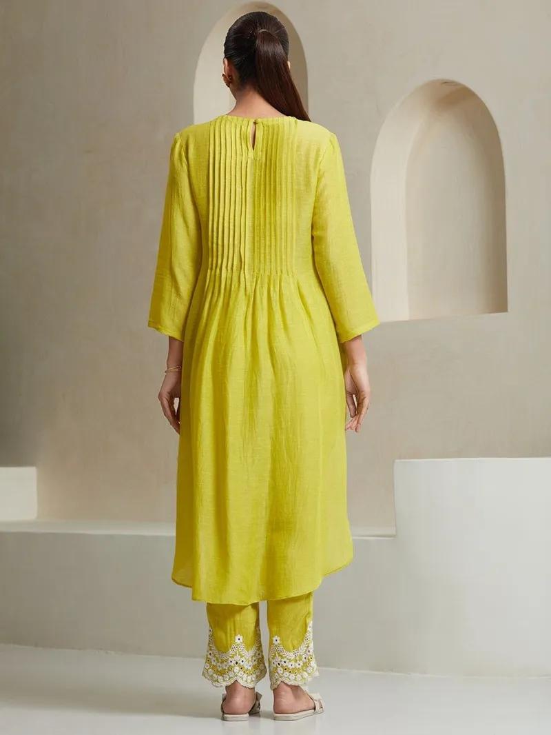 Lemon Yellow Embroidered Cotton Kurta and Pant Set with Dupatta