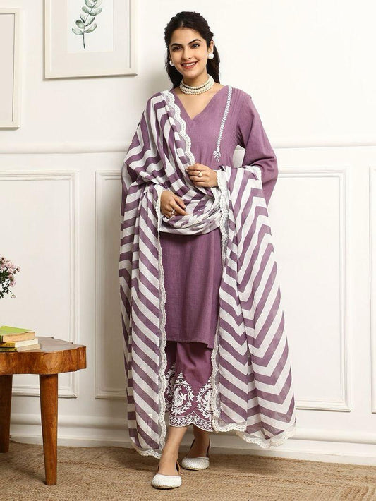 Light Mauve Embroidered Kurta and Pant Set with Dupatta