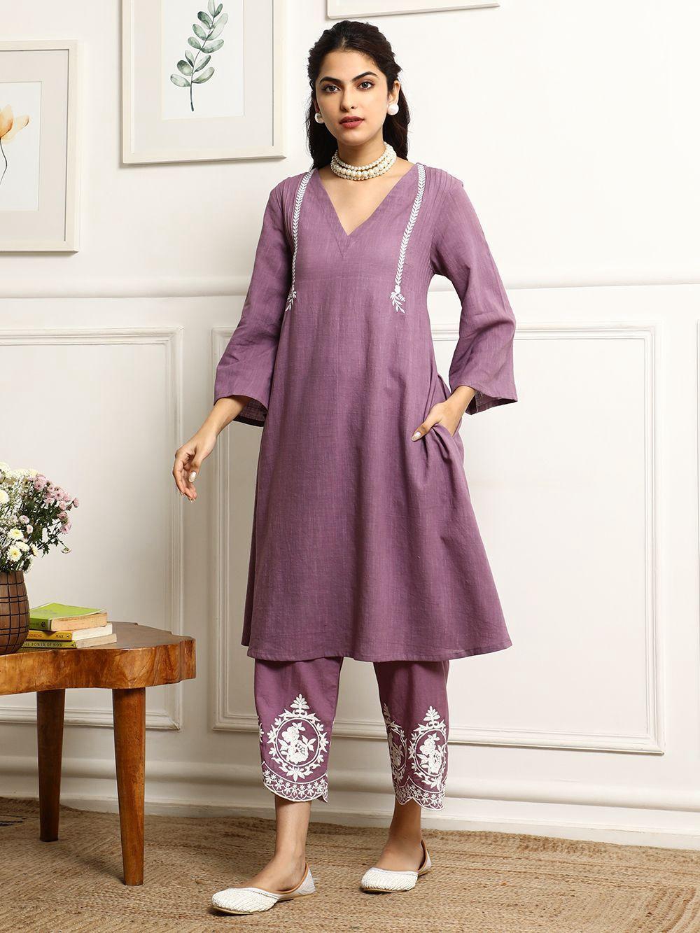 Light Mauve Embroidered Kurta and Pant Set with Dupatta