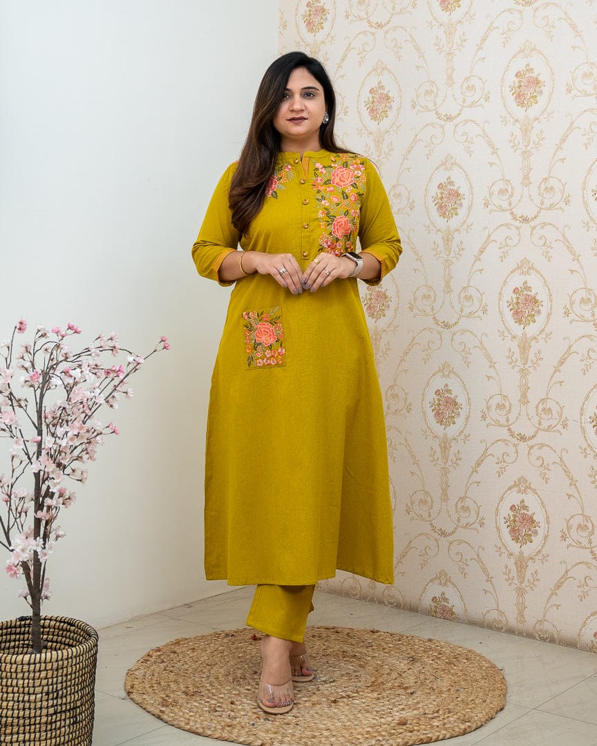 Mustard Yellow Embroidered Cotton Kurta and Pant Set