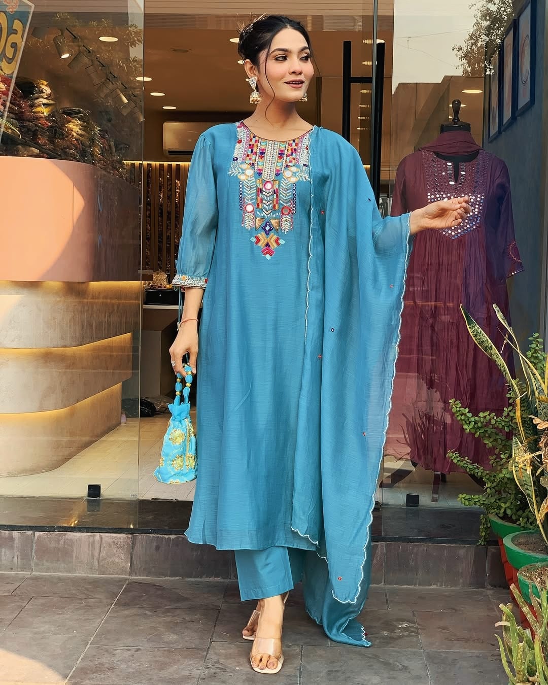 Sky Blue Embroidered Chanderi Suit Set with Dupatta