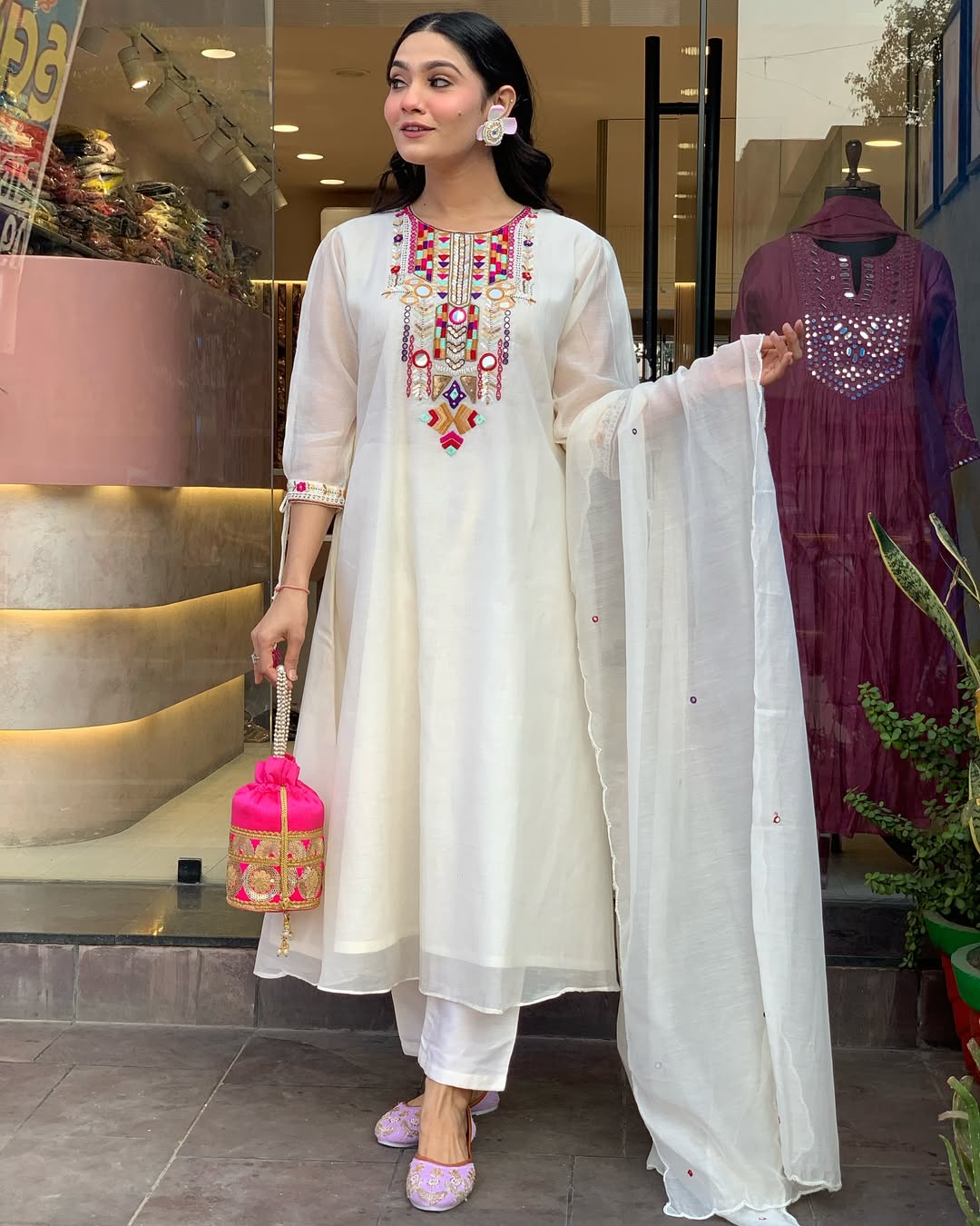 White Embroidered Chanderi Suit Set with Dupatta