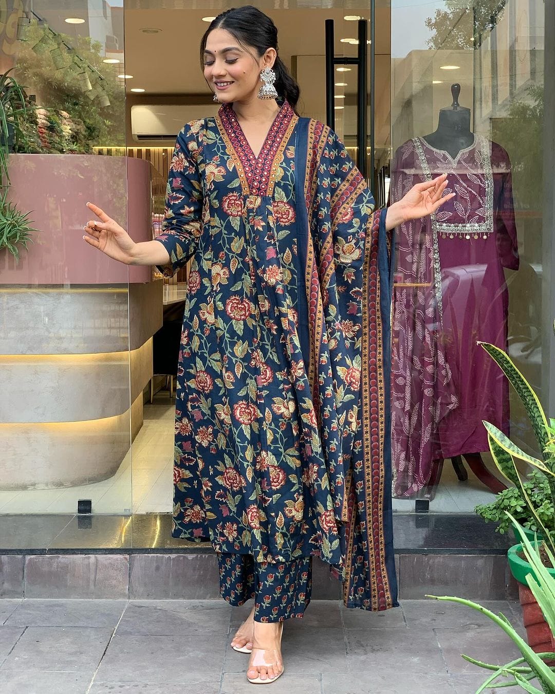 Navy Blue Floral Printed Cotton Kurta and Pant Set with Mulmul Dupatta