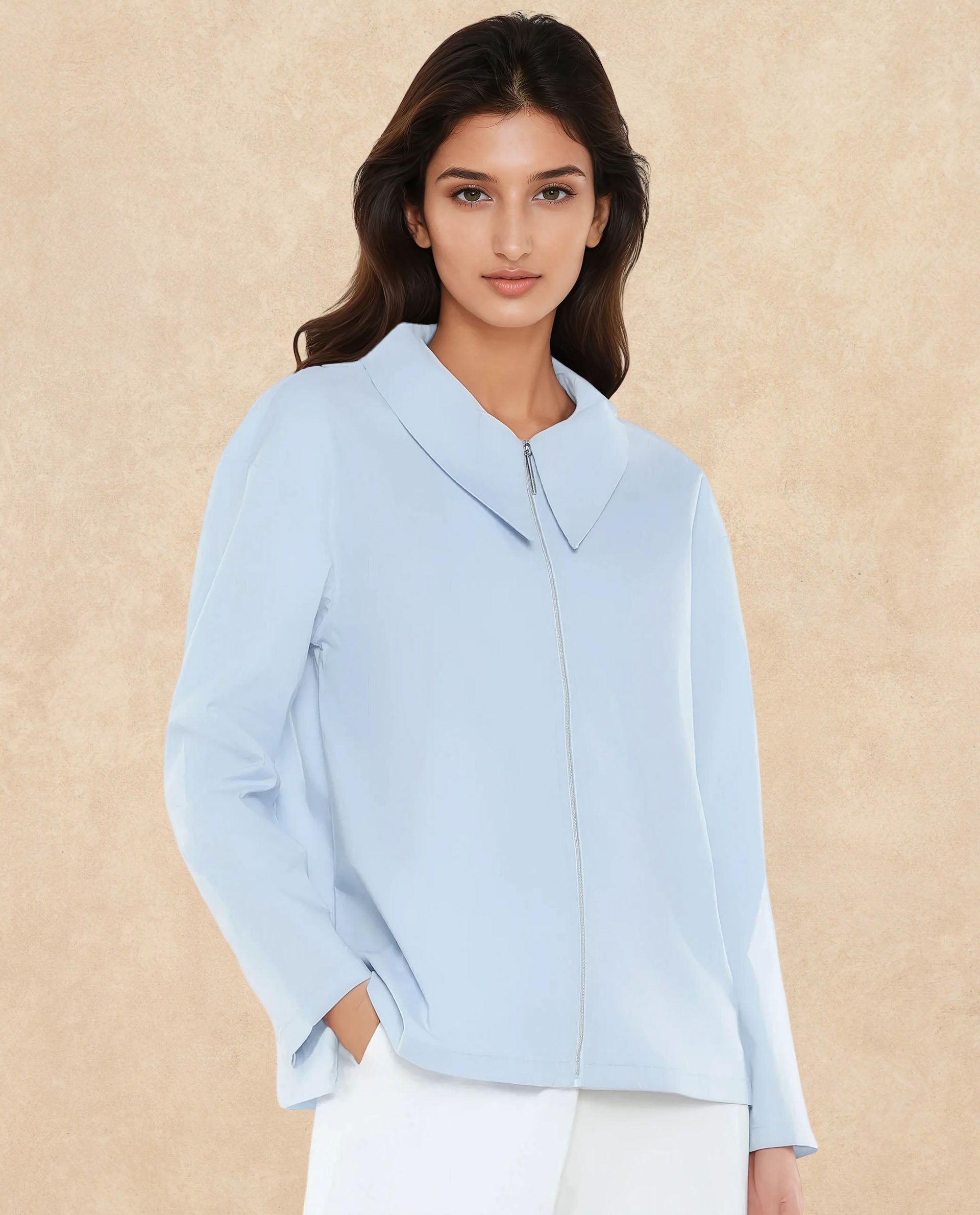 Rareism Women Xan Light Blue Full Sleeve Collared Neck Zipper Closure Plain Top