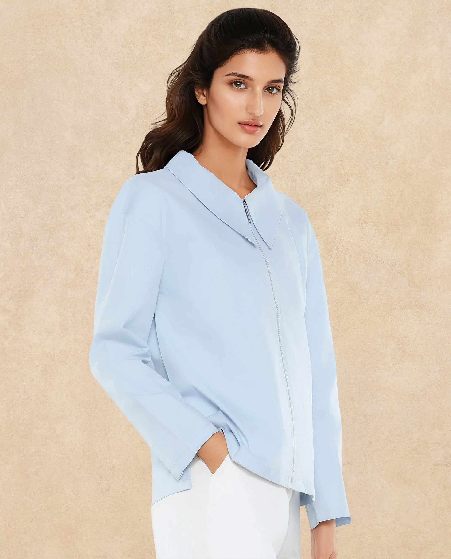 Rareism Women Xan Light Blue Full Sleeve Collared Neck Zipper Closure Plain Top