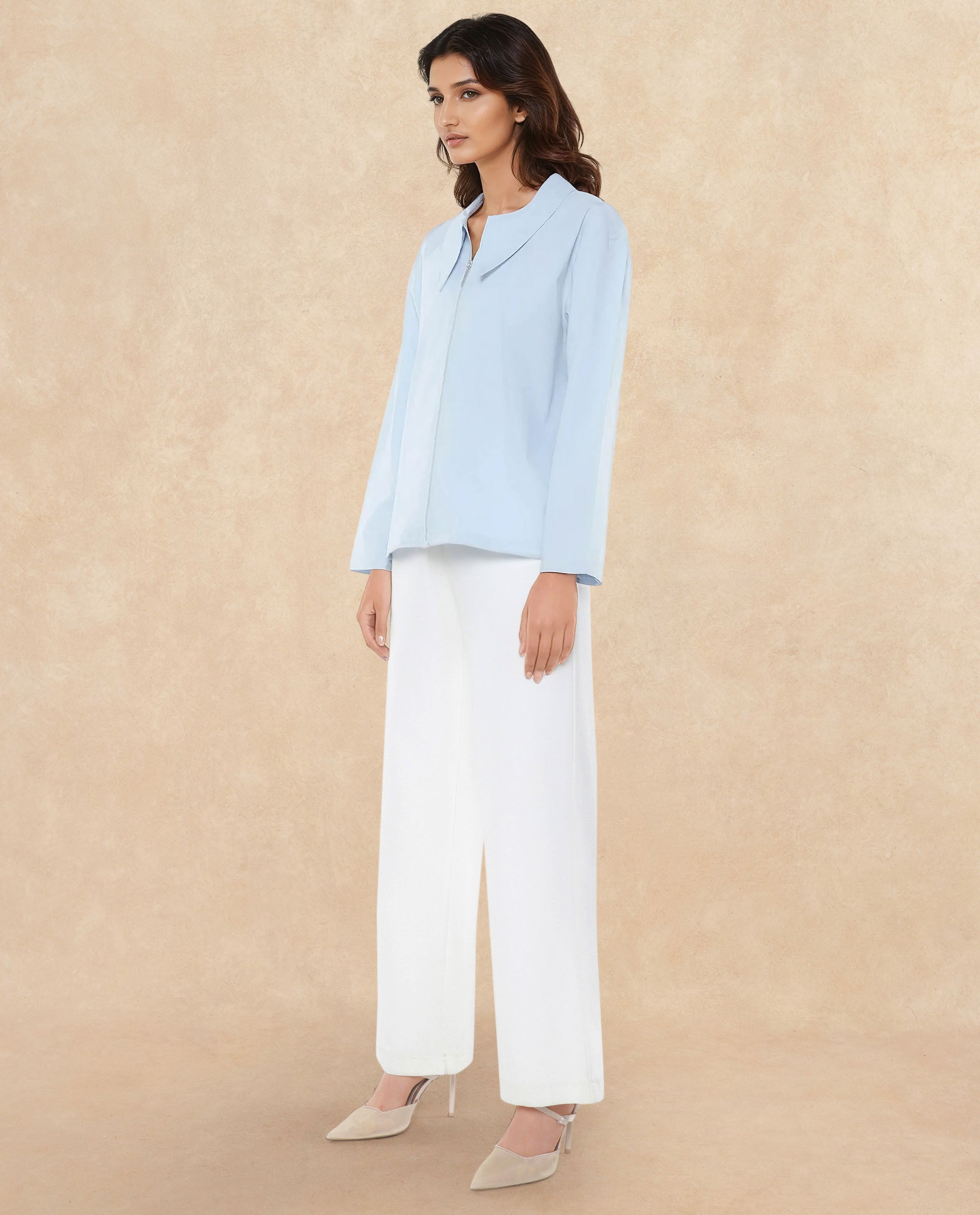 Rareism Women Xan Light Blue Full Sleeve Collared Neck Zipper Closure Plain Top