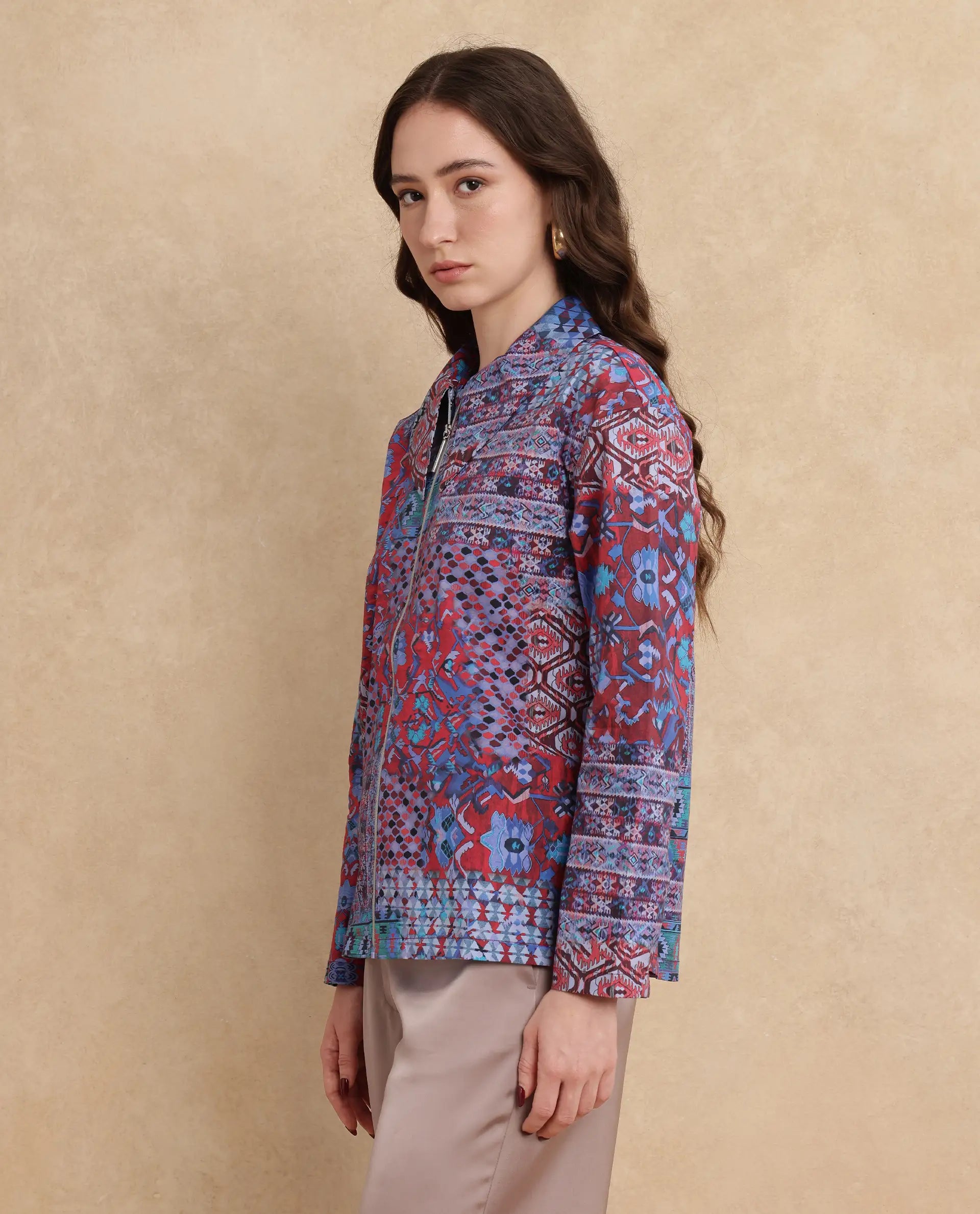 Rareism Women Xany Multi Full Sleeve Collared Neck Zipper Closure Abstract Print Top