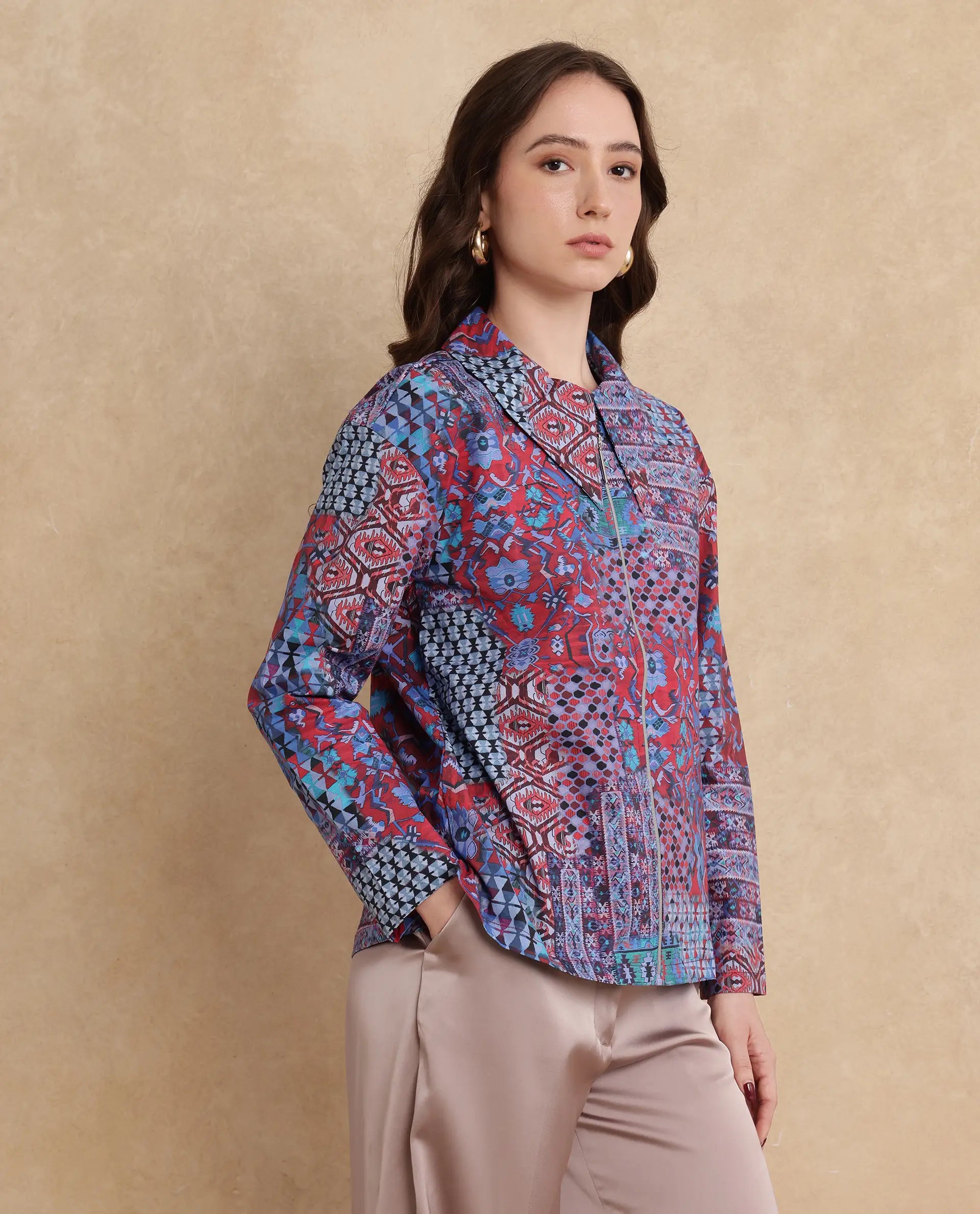 Rareism Women Xany Multi Full Sleeve Collared Neck Zipper Closure Abstract Print Top