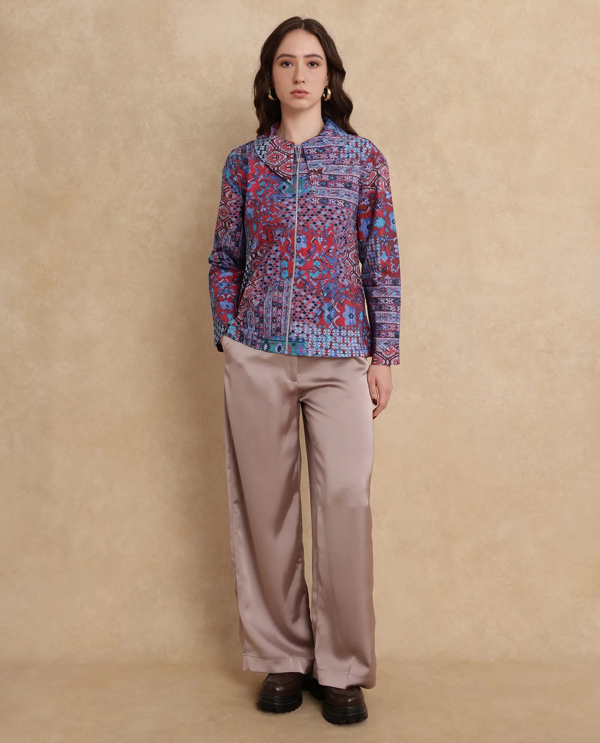 Rareism Women Xany Multi Full Sleeve Collared Neck Zipper Closure Abstract Print Top