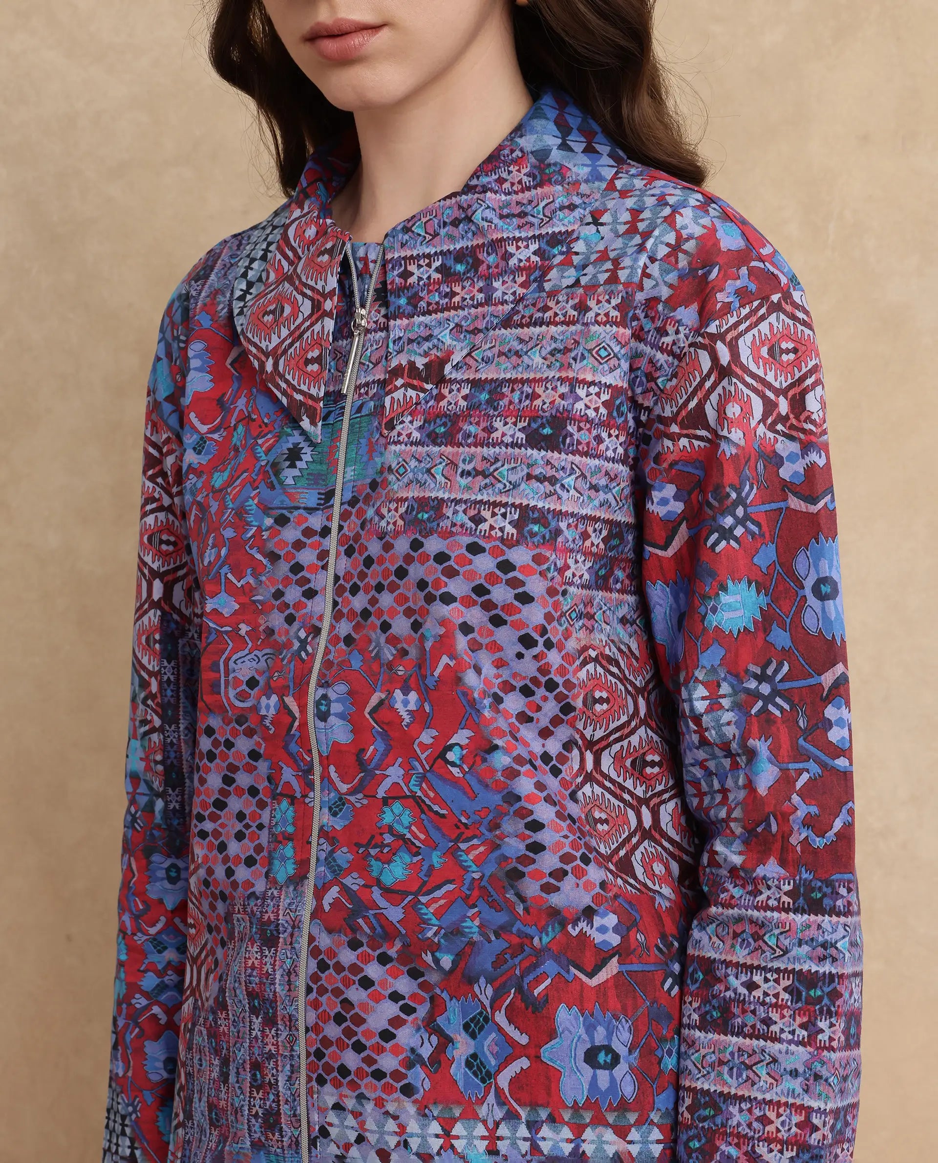 Rareism Women Xany Multi Full Sleeve Collared Neck Zipper Closure Abstract Print Top