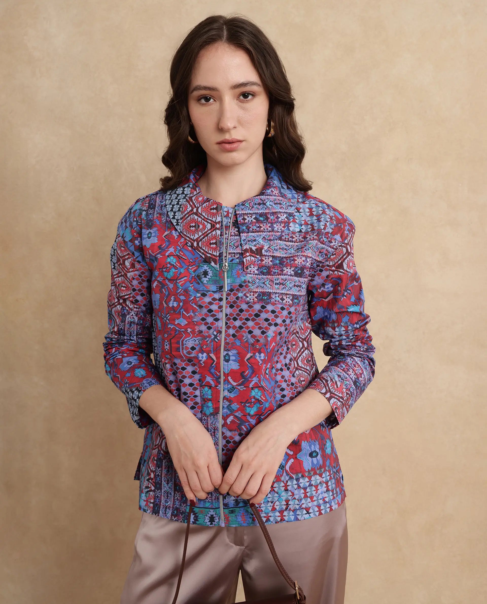 Rareism Women Xany Multi Full Sleeve Collared Neck Zipper Closure Abstract Print Top