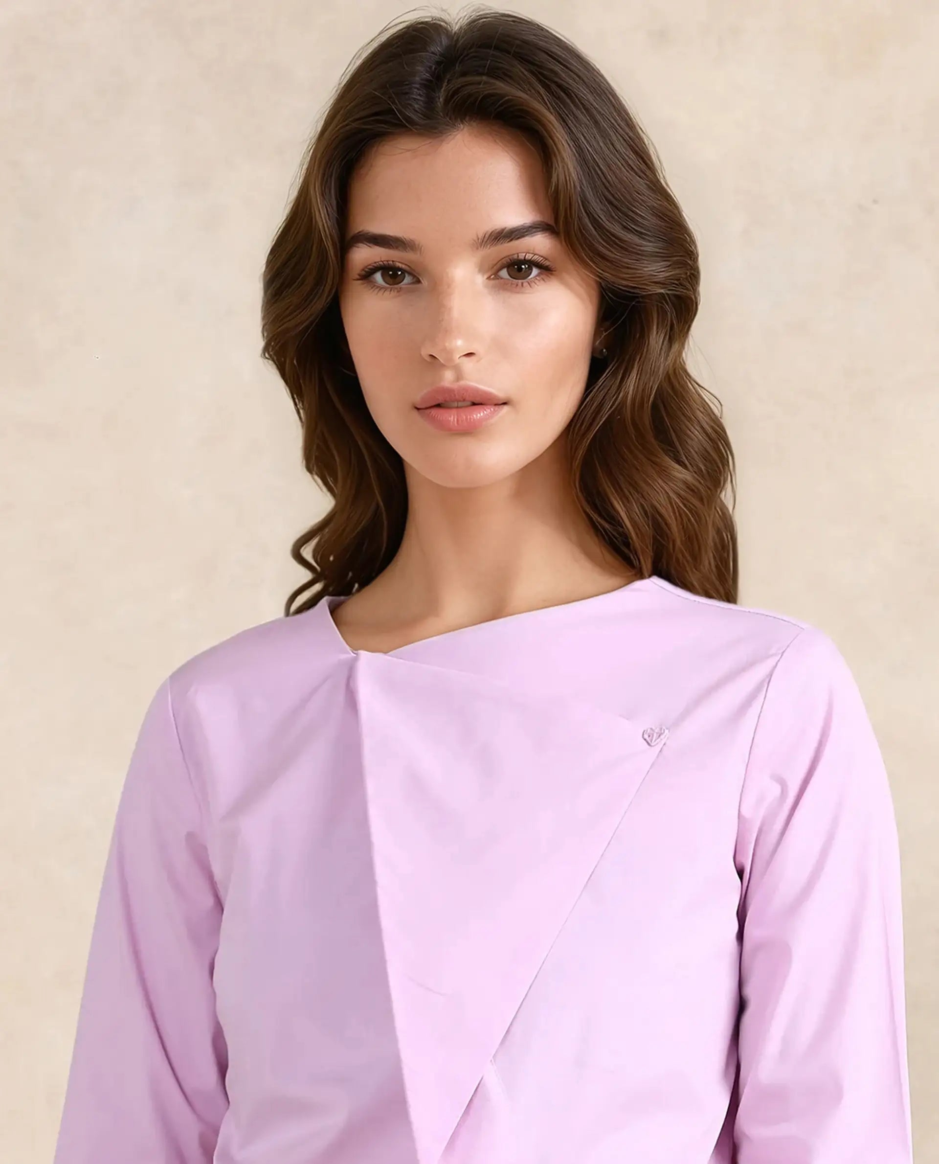 Rareism Women Xew Light Pink Cotton Fabric Regular Sleeves Asymmetric Neck Button Closure Plain Top
