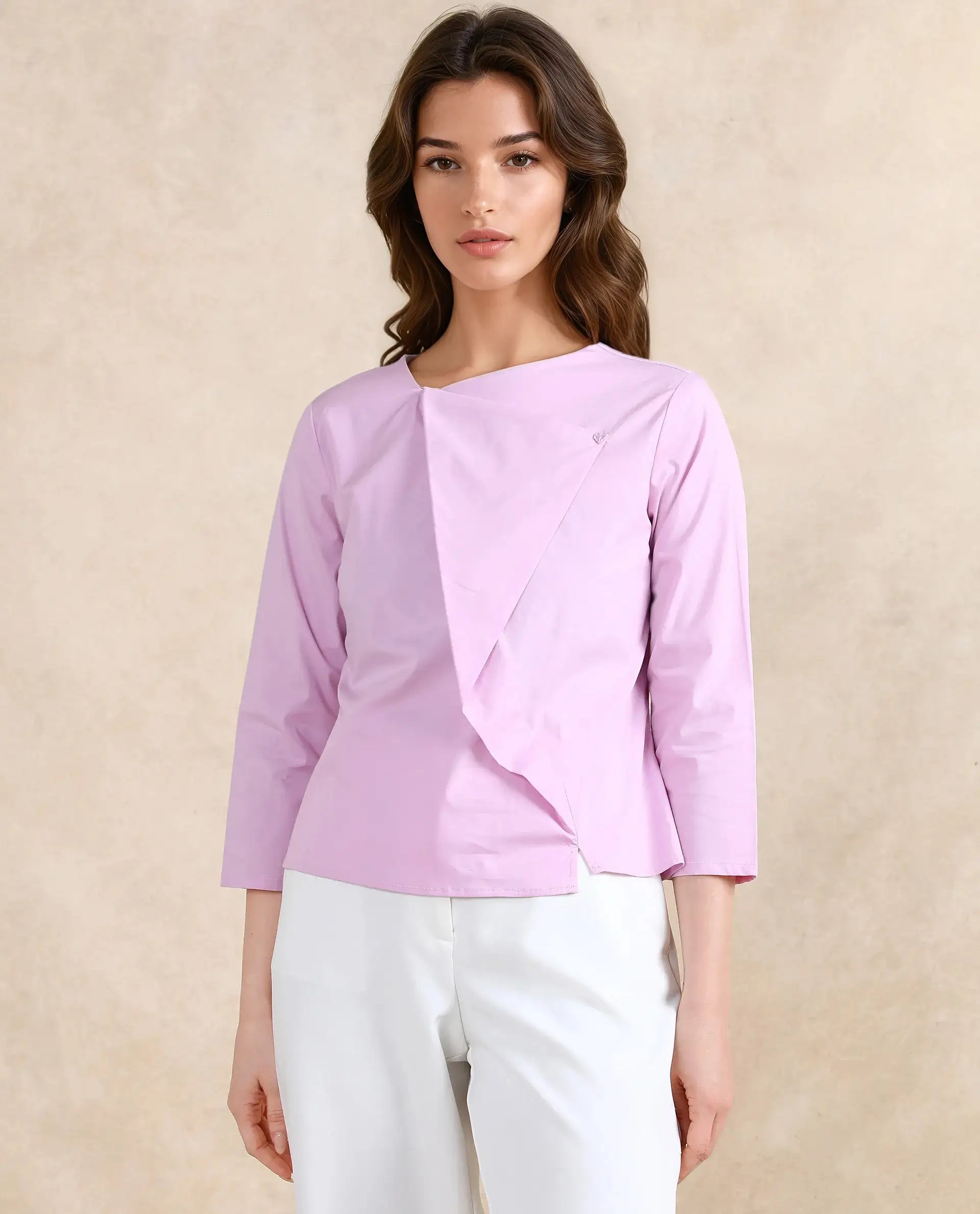 Rareism Women Xew Light Pink Cotton Fabric Regular Sleeves Asymmetric Neck Button Closure Plain Top