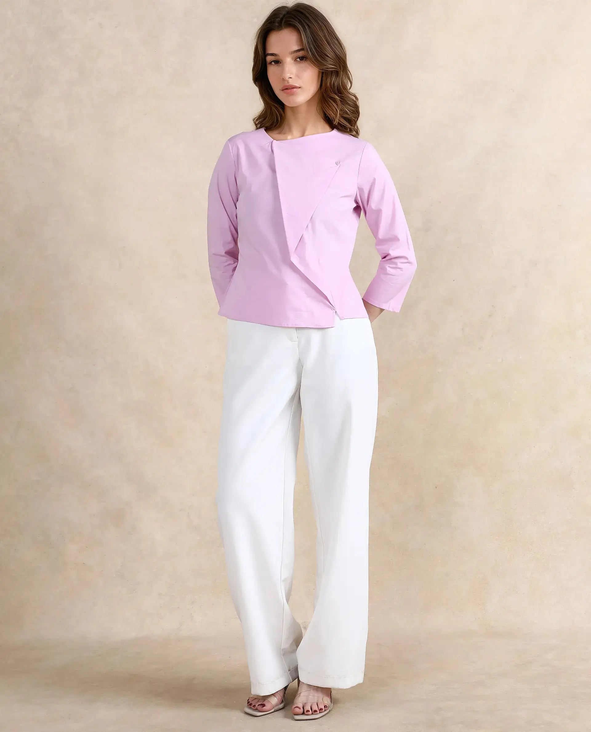 Rareism Women Xew Light Pink Cotton Fabric Regular Sleeves Asymmetric Neck Button Closure Plain Top