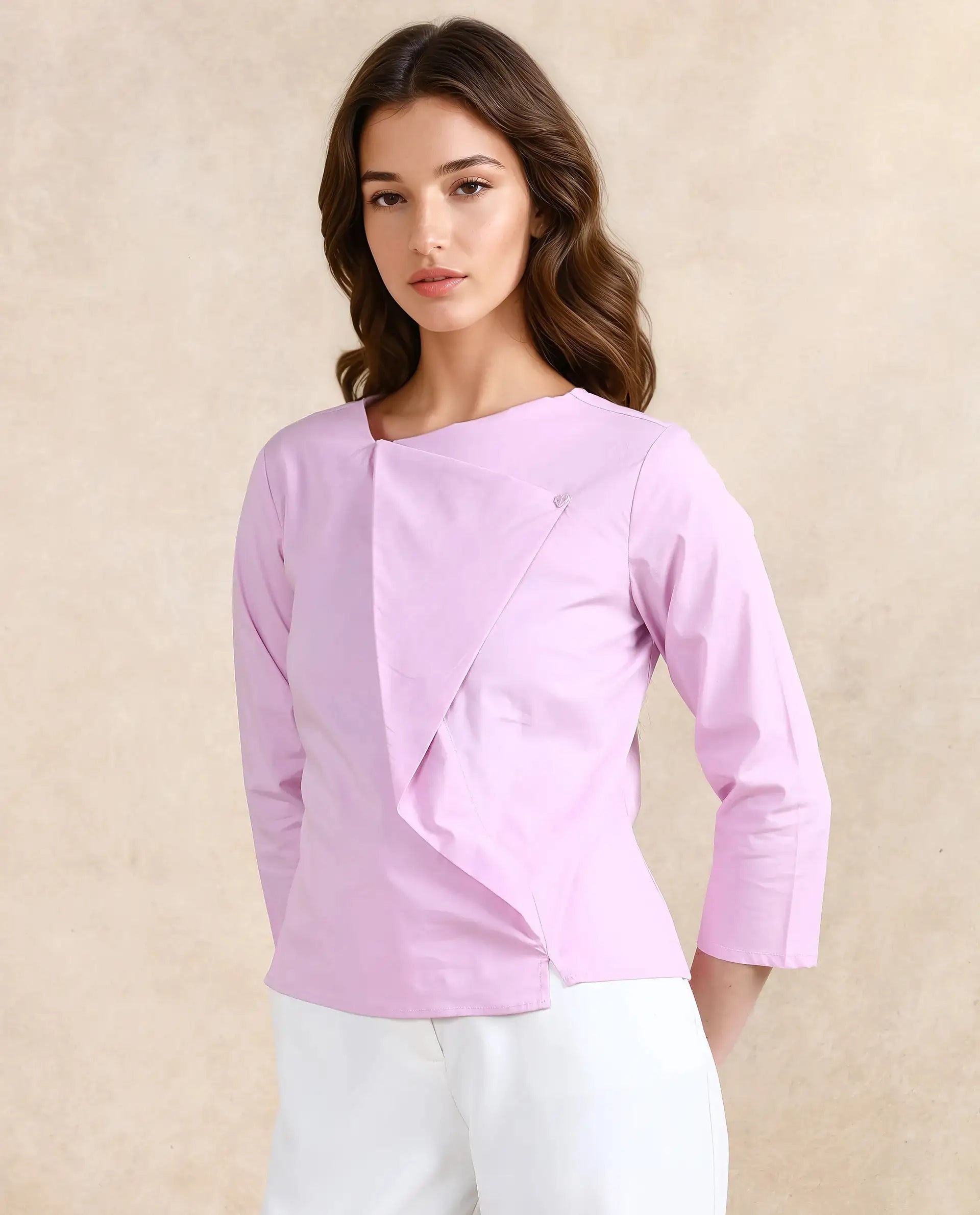 Rareism Women Xew Light Pink Cotton Fabric Regular Sleeves Asymmetric Neck Button Closure Plain Top