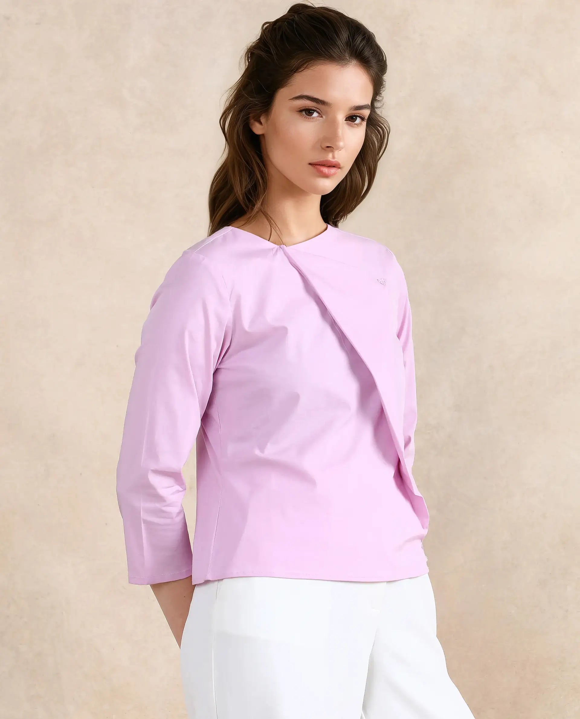 Rareism Women Xew Light Pink Cotton Fabric Regular Sleeves Asymmetric Neck Button Closure Plain Top