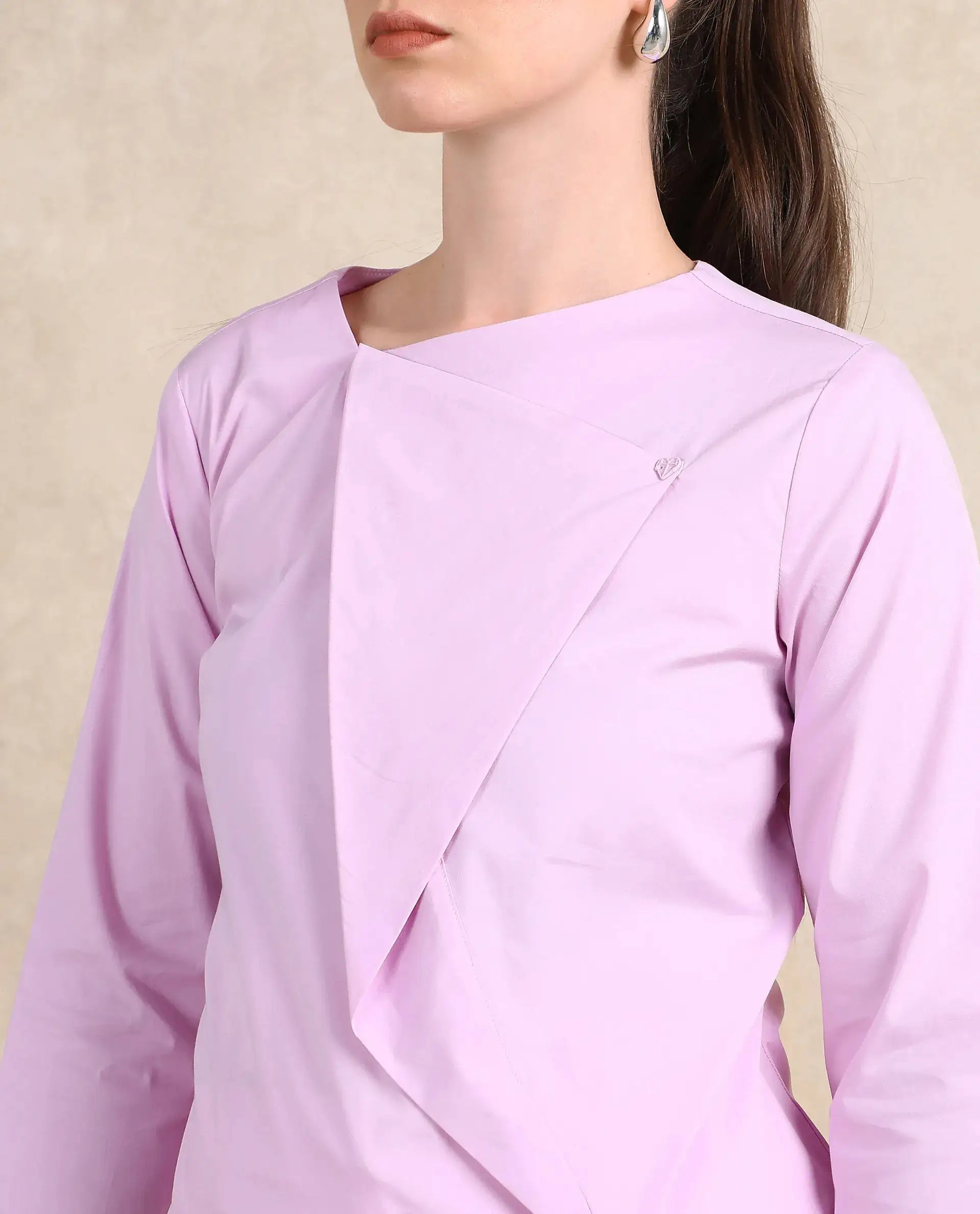 Rareism Women Xew Light Pink Cotton Fabric Regular Sleeves Asymmetric Neck Button Closure Plain Top