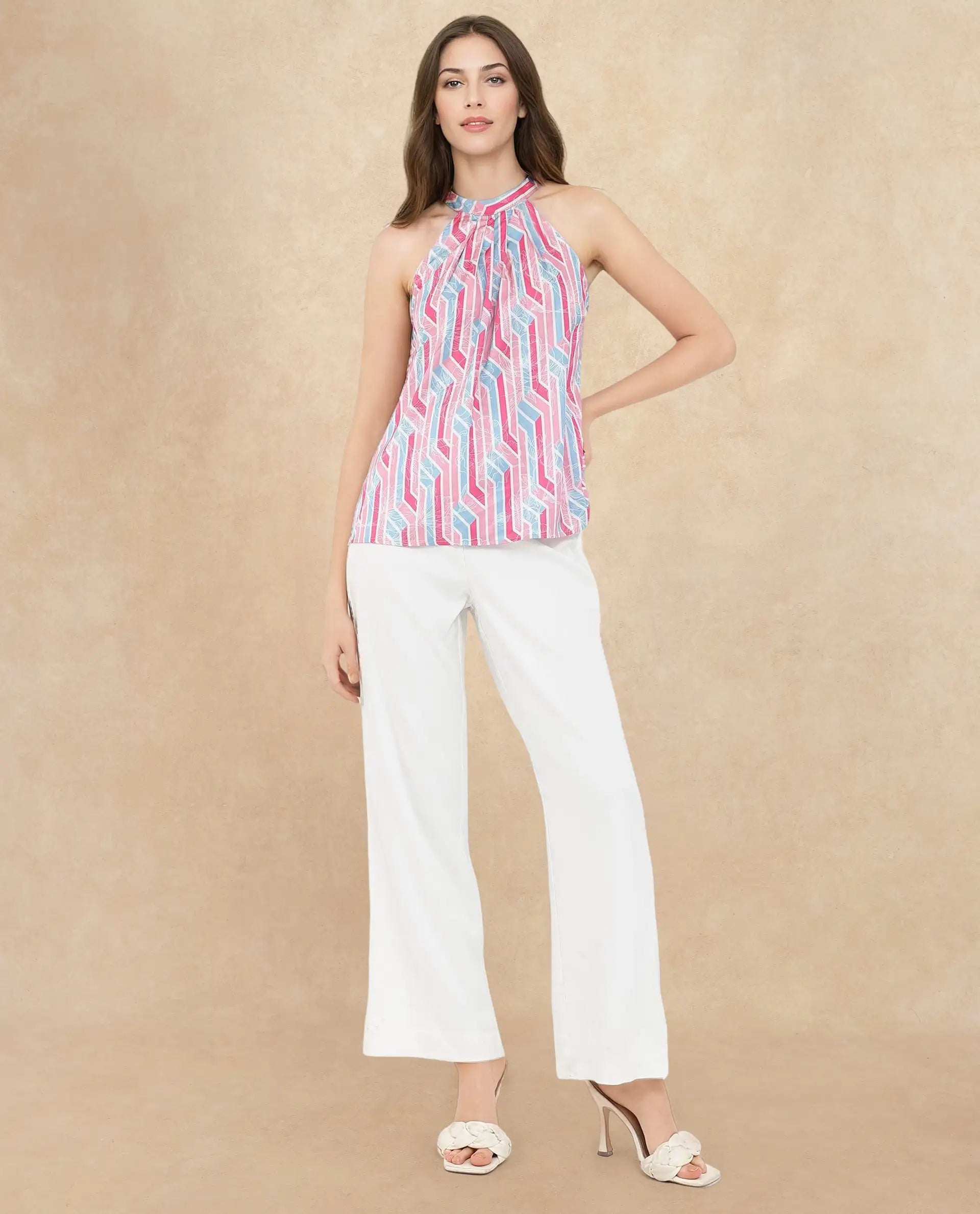 Rareism Women Xico Light Multi Button Closure Sleeveless Halter Neck Geometric Print Top