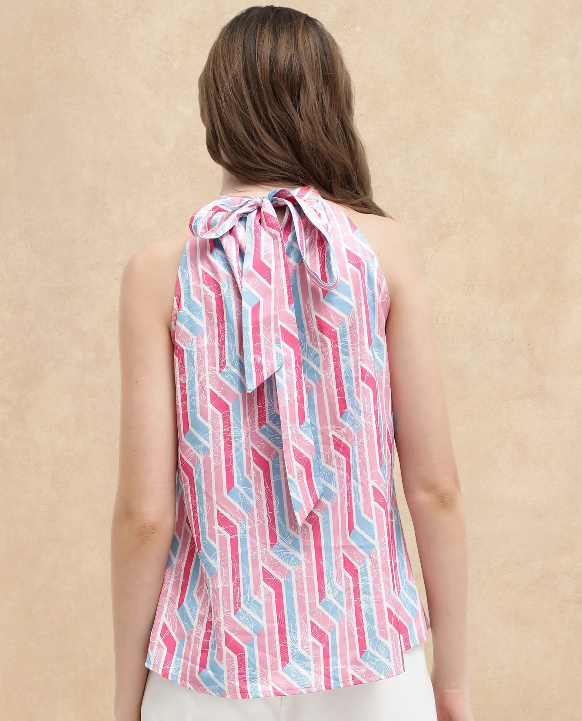 Rareism Women Xico Light Multi Button Closure Sleeveless Halter Neck Geometric Print Top