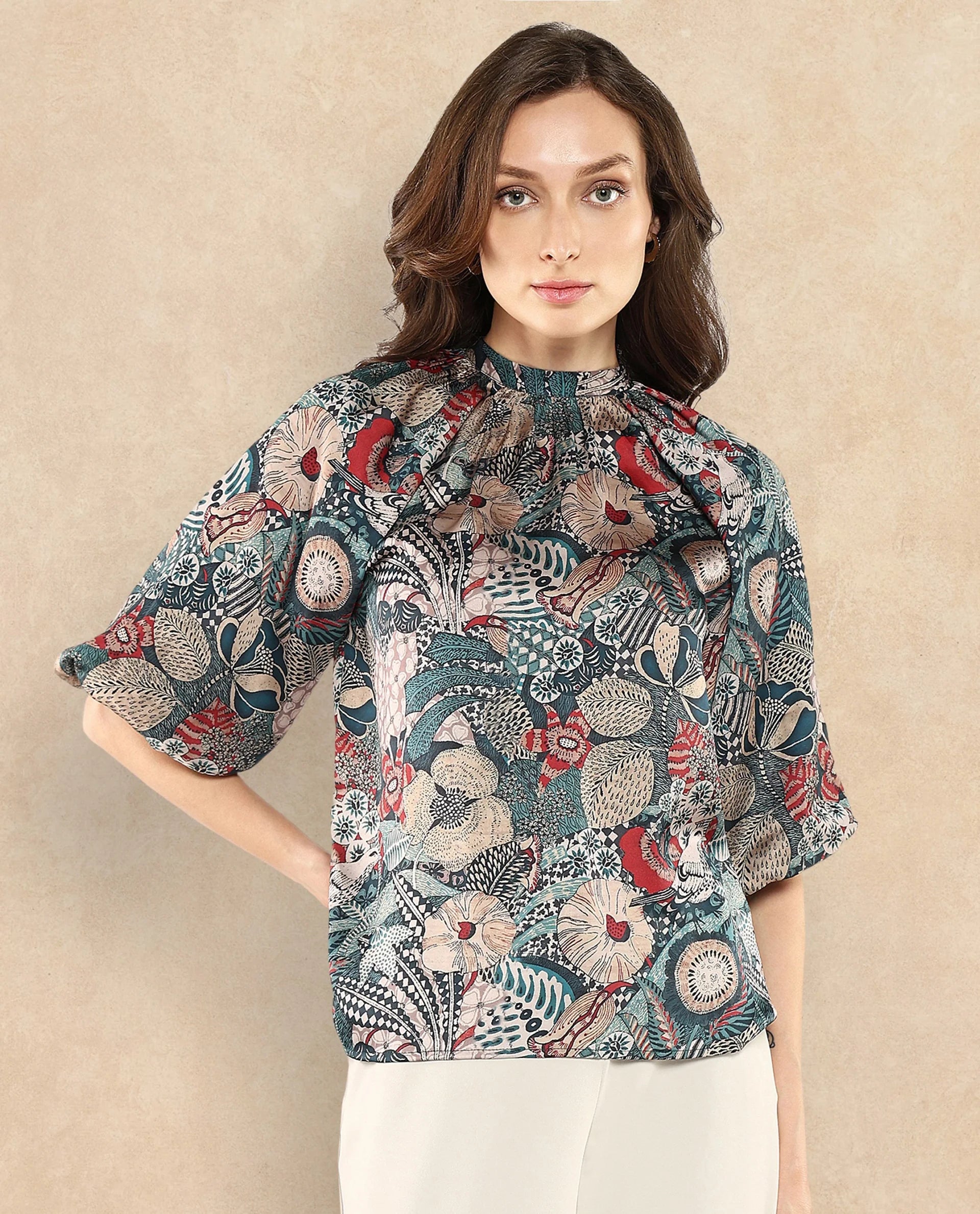 Rareism Women Xito Multi Satin Raglan Sleeves Mandarin Collar Button Closure Abstract Print Top