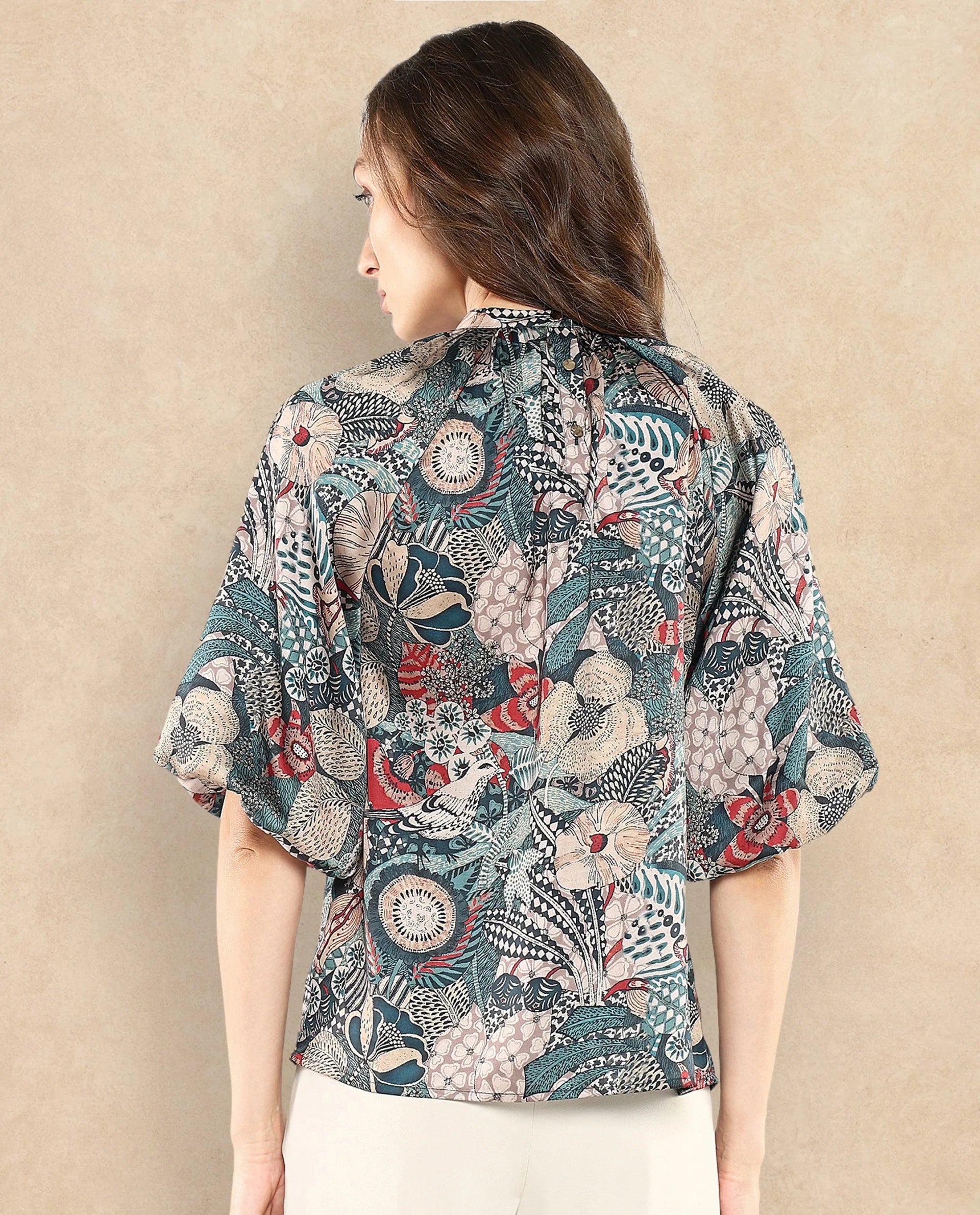 Rareism Women Xito Multi Satin Raglan Sleeves Mandarin Collar Button Closure Abstract Print Top