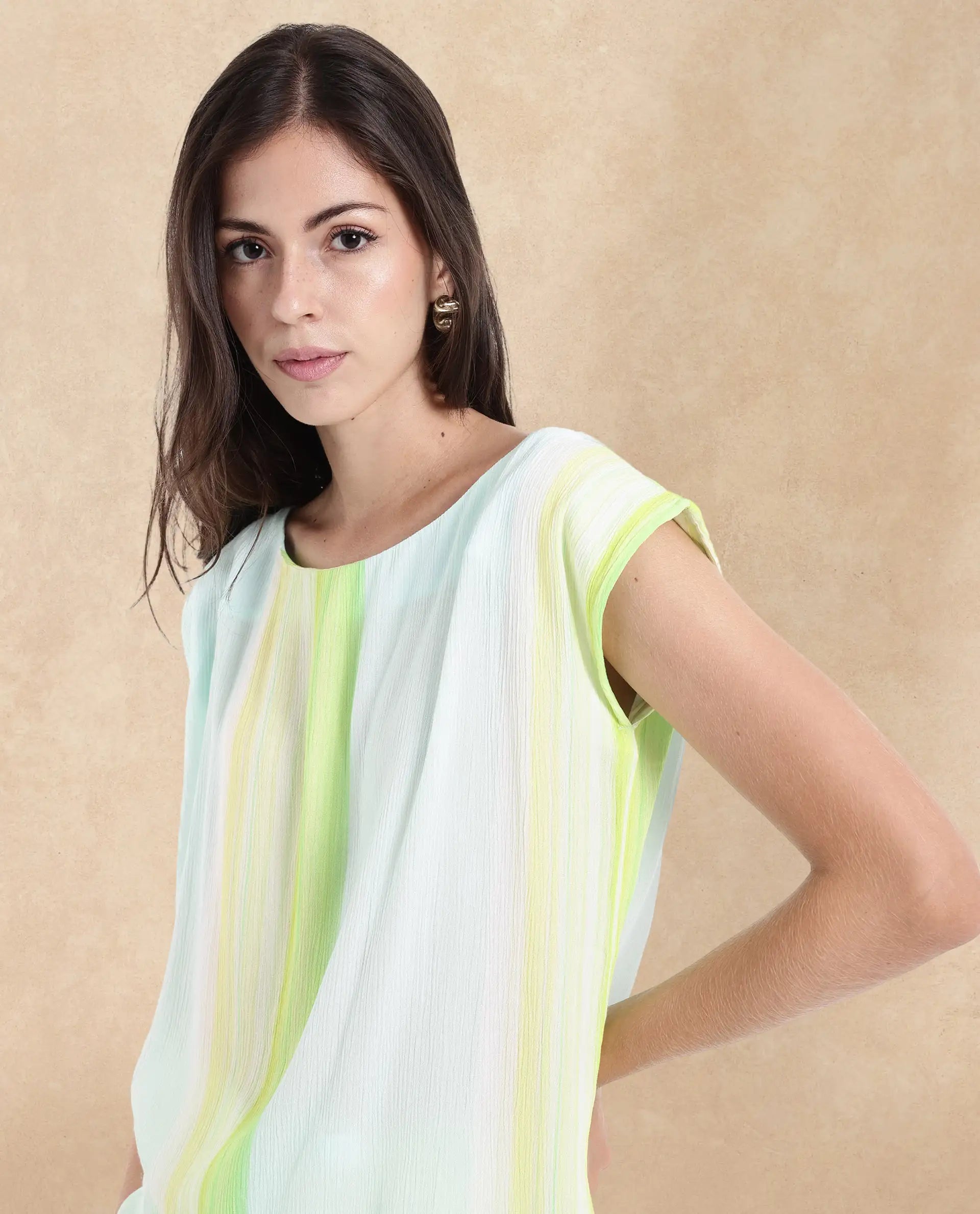 Rareism Women Yadot-T Multi Sleeveless Crew Neck Boxy Fit Broad Stripes Top