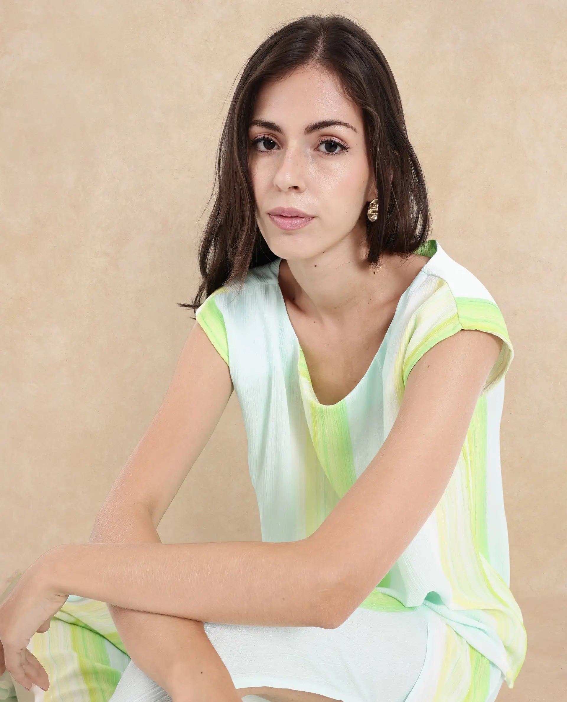 Rareism Women Yadot-T Multi Sleeveless Crew Neck Boxy Fit Broad Stripes Top