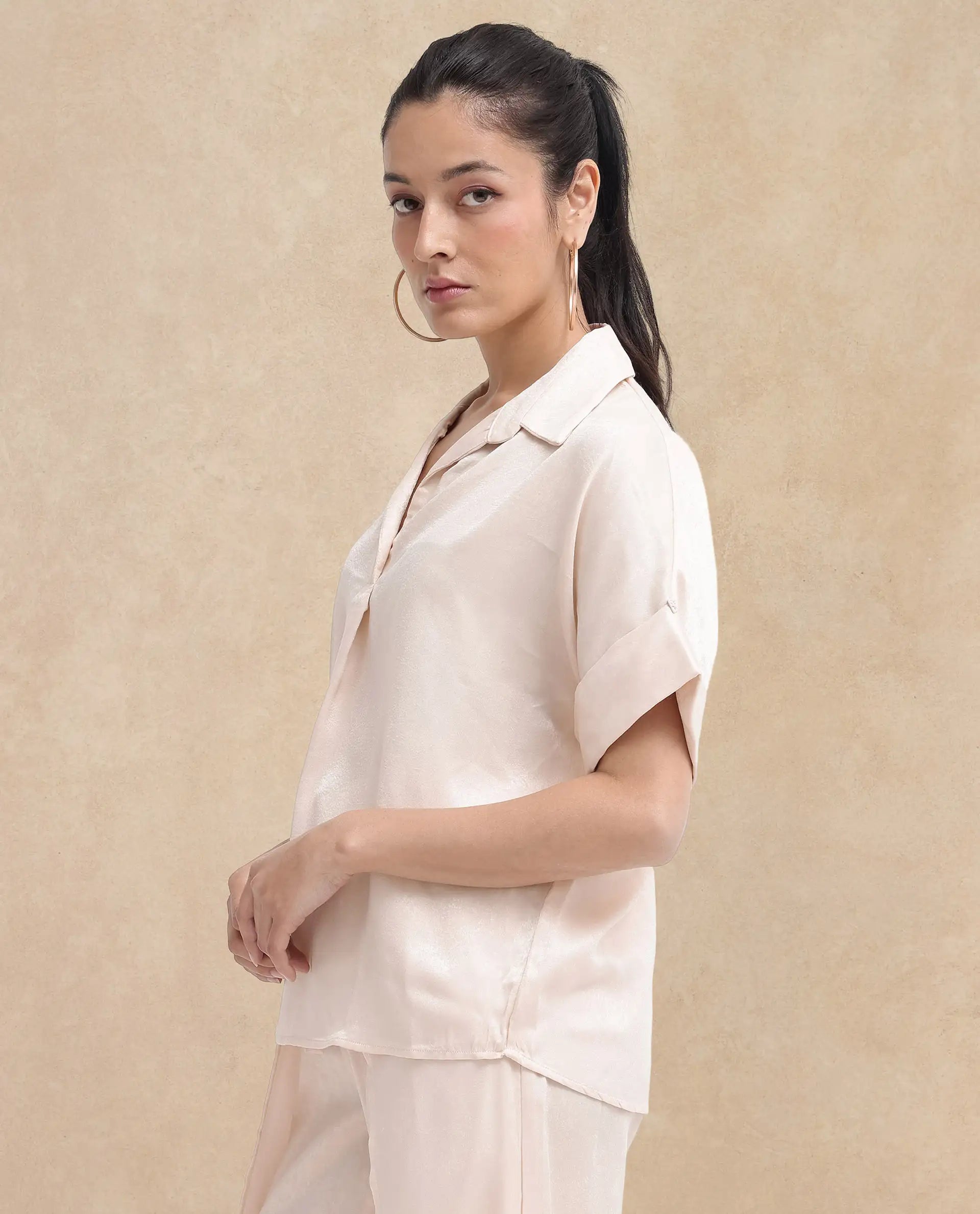 Rareism Women Yamato-T Light Beige Extended Sleeves Collared Neck Boxy Fit Plain Top