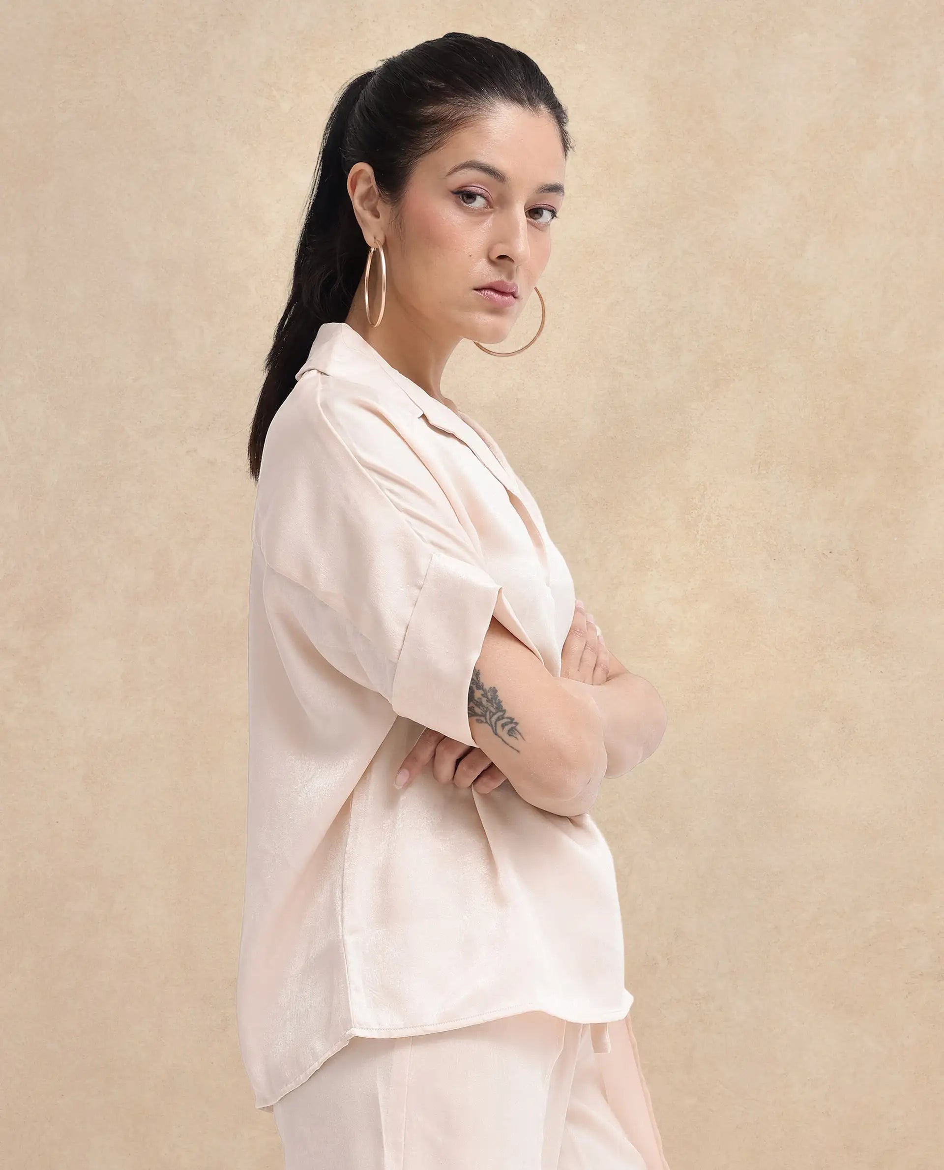 Rareism Women Yamato-T Light Beige Extended Sleeves Collared Neck Boxy Fit Plain Top