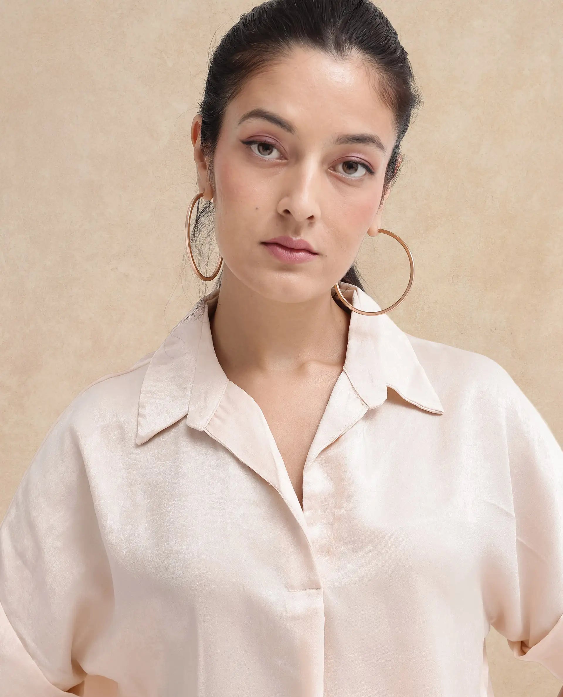 Rareism Women Yamato-T Light Beige Extended Sleeves Collared Neck Boxy Fit Plain Top