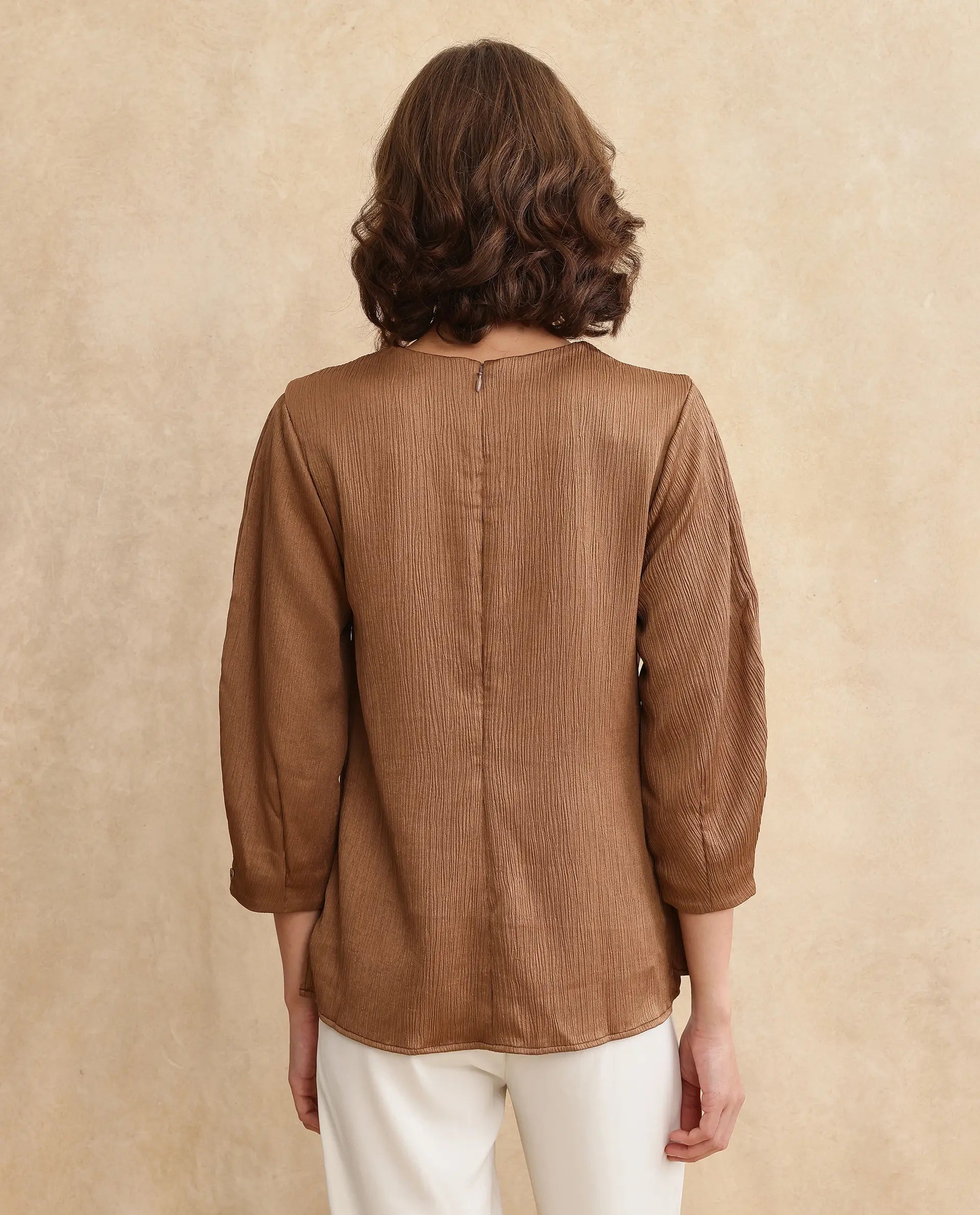 Rareism Women Yan Brown Volume Sleeve Round Neck Zipper Closure Regular Fit Plain Top