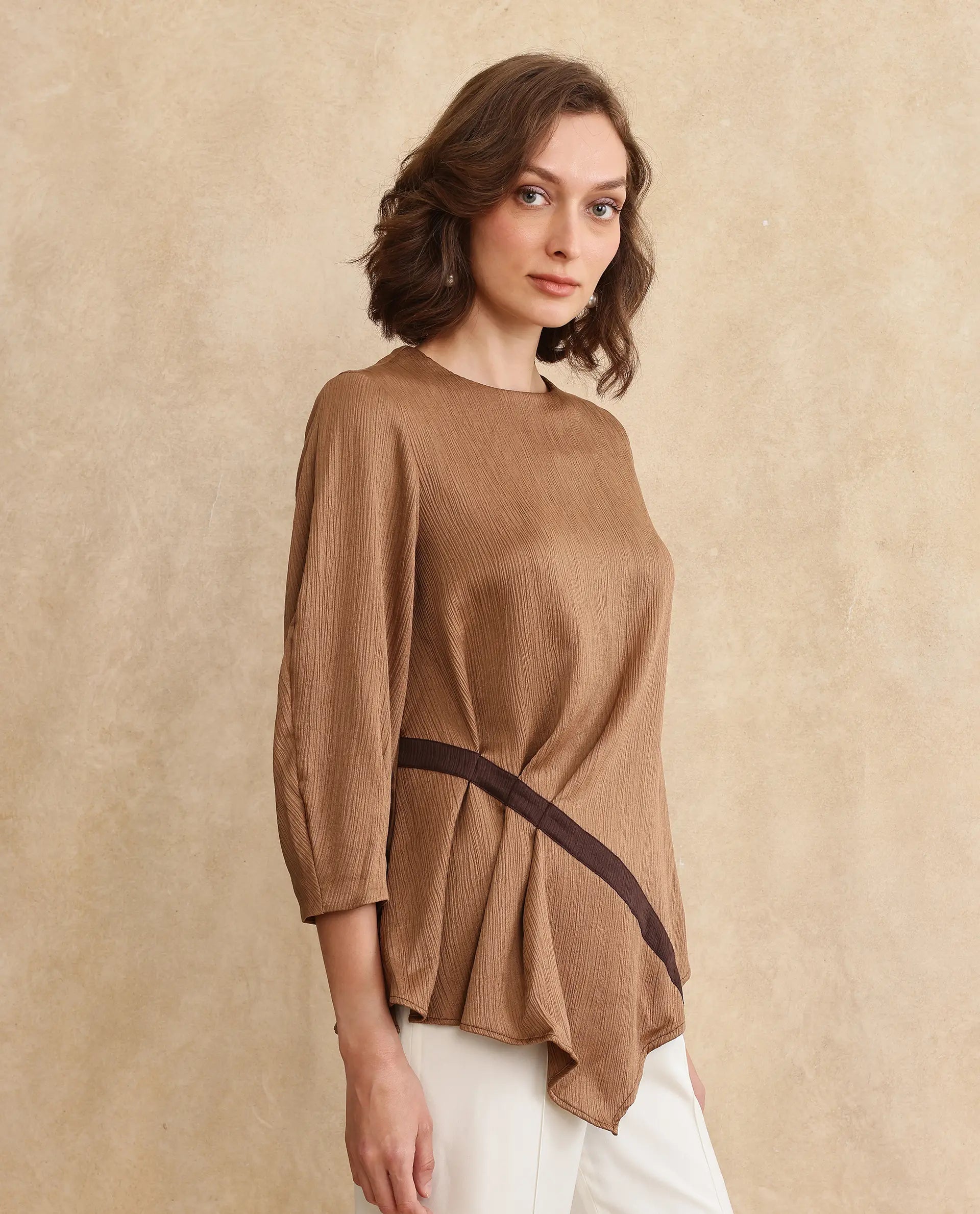 Rareism Women Yan Brown Volume Sleeve Round Neck Zipper Closure Regular Fit Plain Top