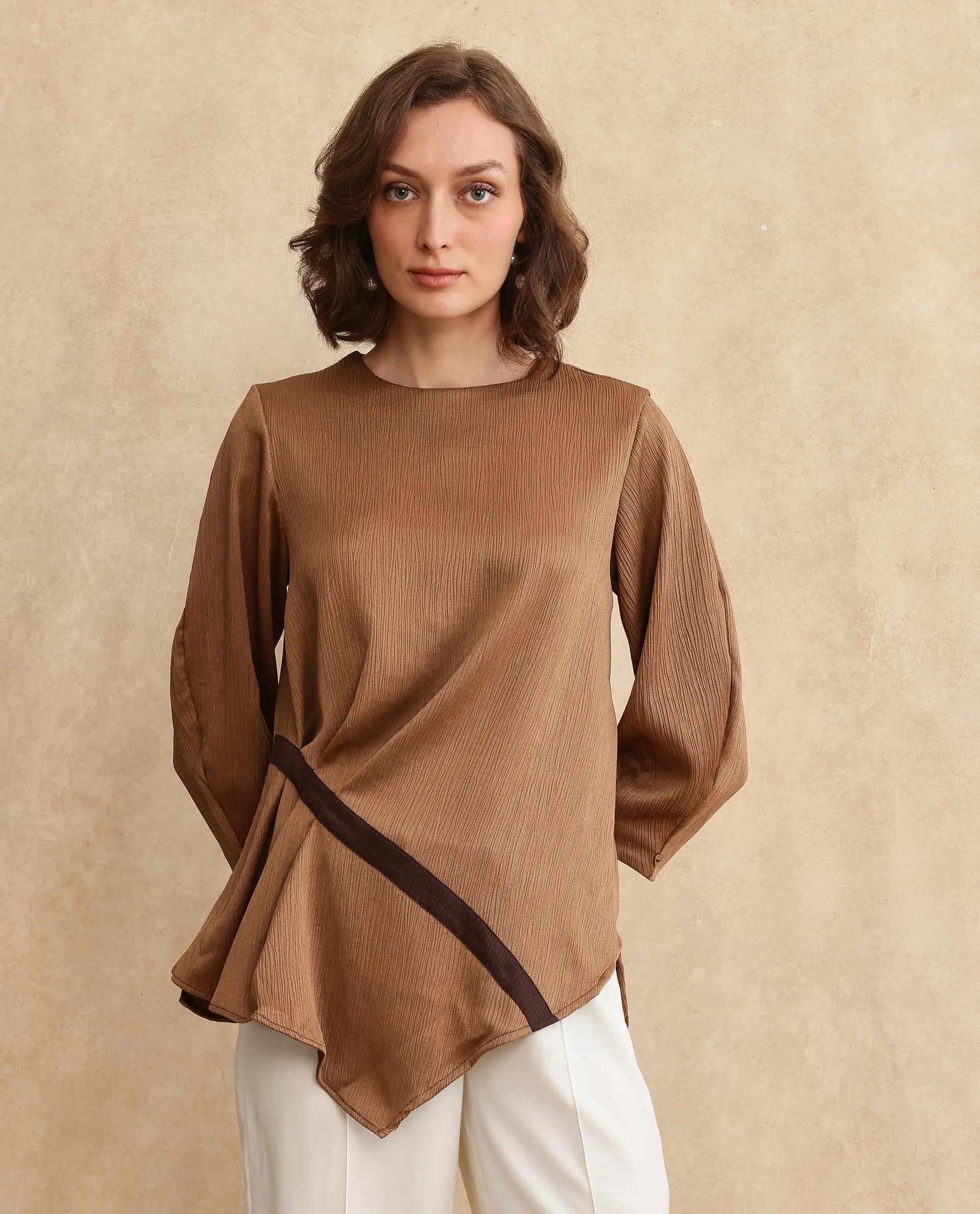 Rareism Women Yan Brown Volume Sleeve Round Neck Zipper Closure Regular Fit Plain Top