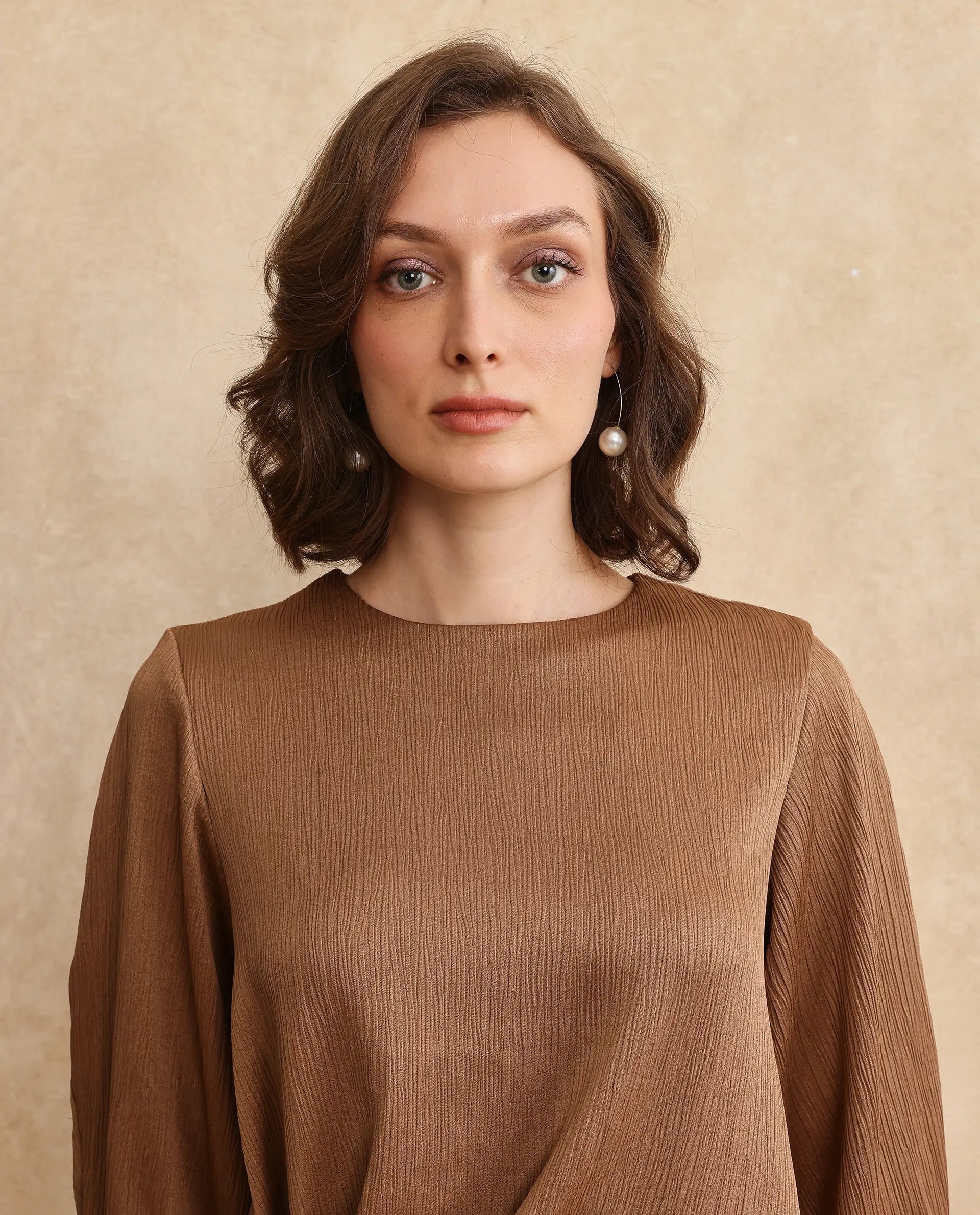 Rareism Women Yan Brown Volume Sleeve Round Neck Zipper Closure Regular Fit Plain Top