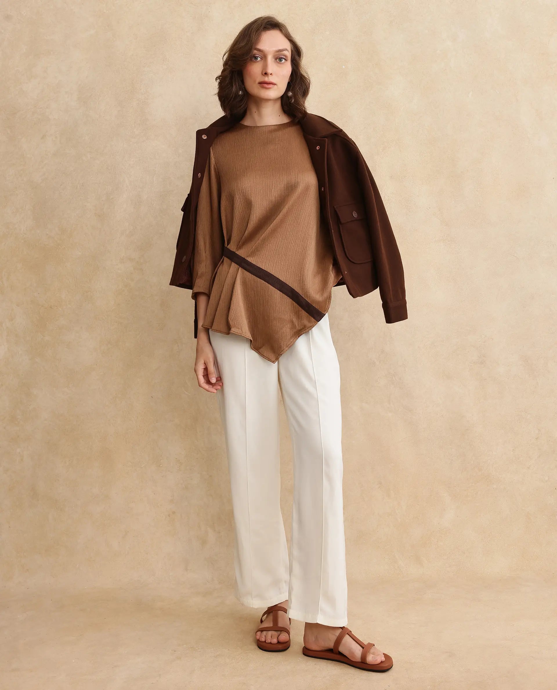 Rareism Women Yan Brown Volume Sleeve Round Neck Zipper Closure Regular Fit Plain Top