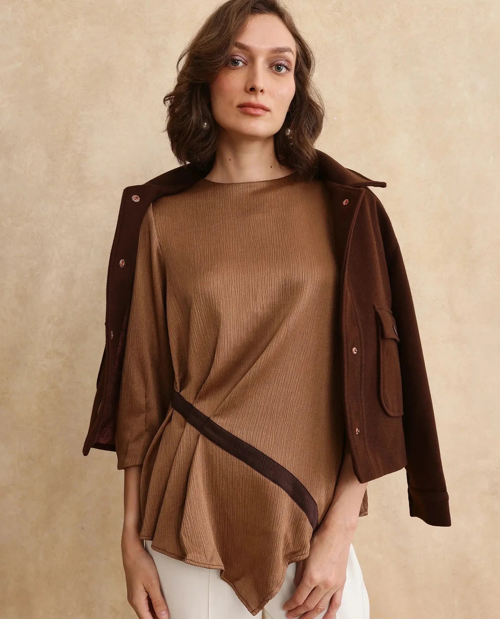 Rareism Women Yan Brown Volume Sleeve Round Neck Zipper Closure Regular Fit Plain Top