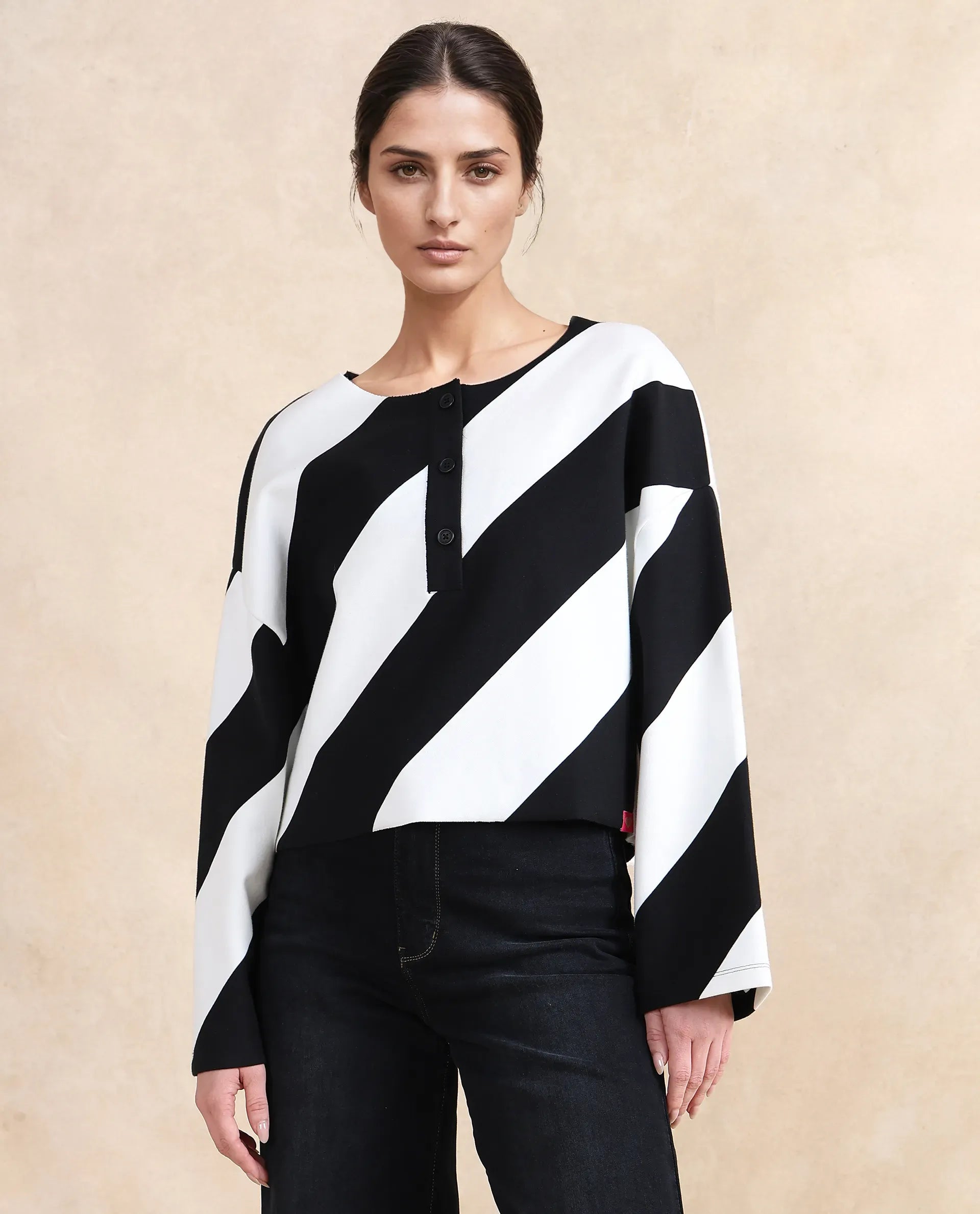 Rareism Women Yarny Black Full Sleeve Henley Neck Button Closure Relaxed Fit Broad Stripes Top