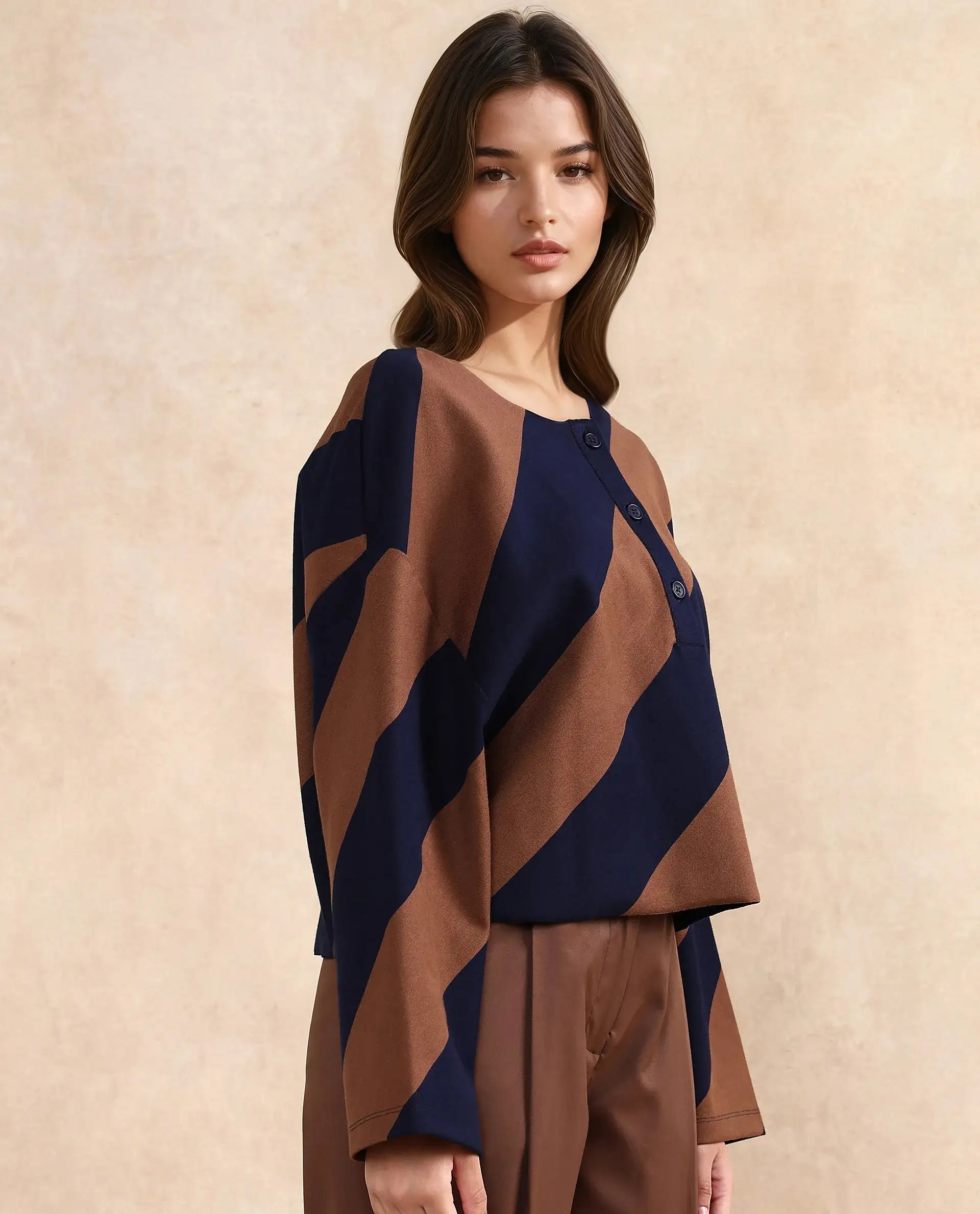 Rareism Women Yarny Brown Full Sleeve Henley Neck Button Closure Relaxed Fit Broad Stripes Top