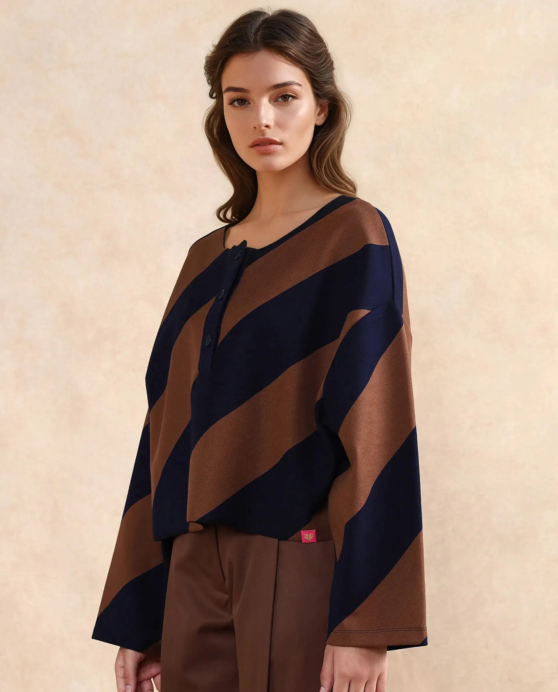 Rareism Women Yarny Brown Full Sleeve Henley Neck Button Closure Relaxed Fit Broad Stripes Top