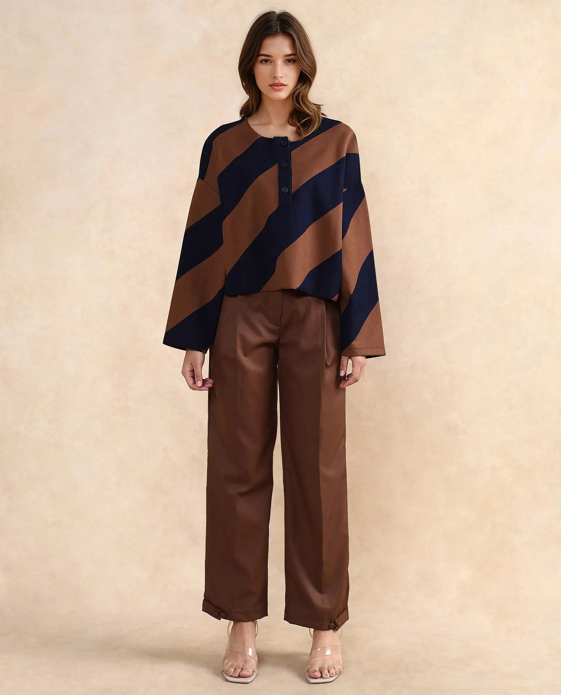 Rareism Women Yarny Brown Full Sleeve Henley Neck Button Closure Relaxed Fit Broad Stripes Top