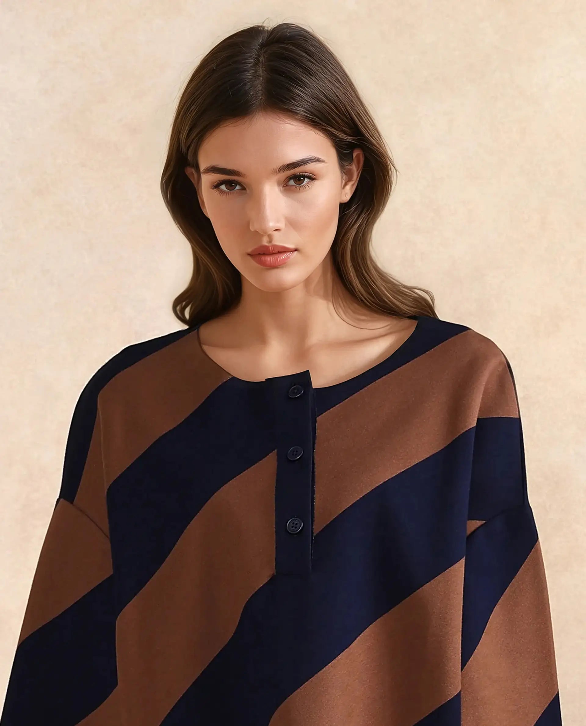 Rareism Women Yarny Brown Full Sleeve Henley Neck Button Closure Relaxed Fit Broad Stripes Top