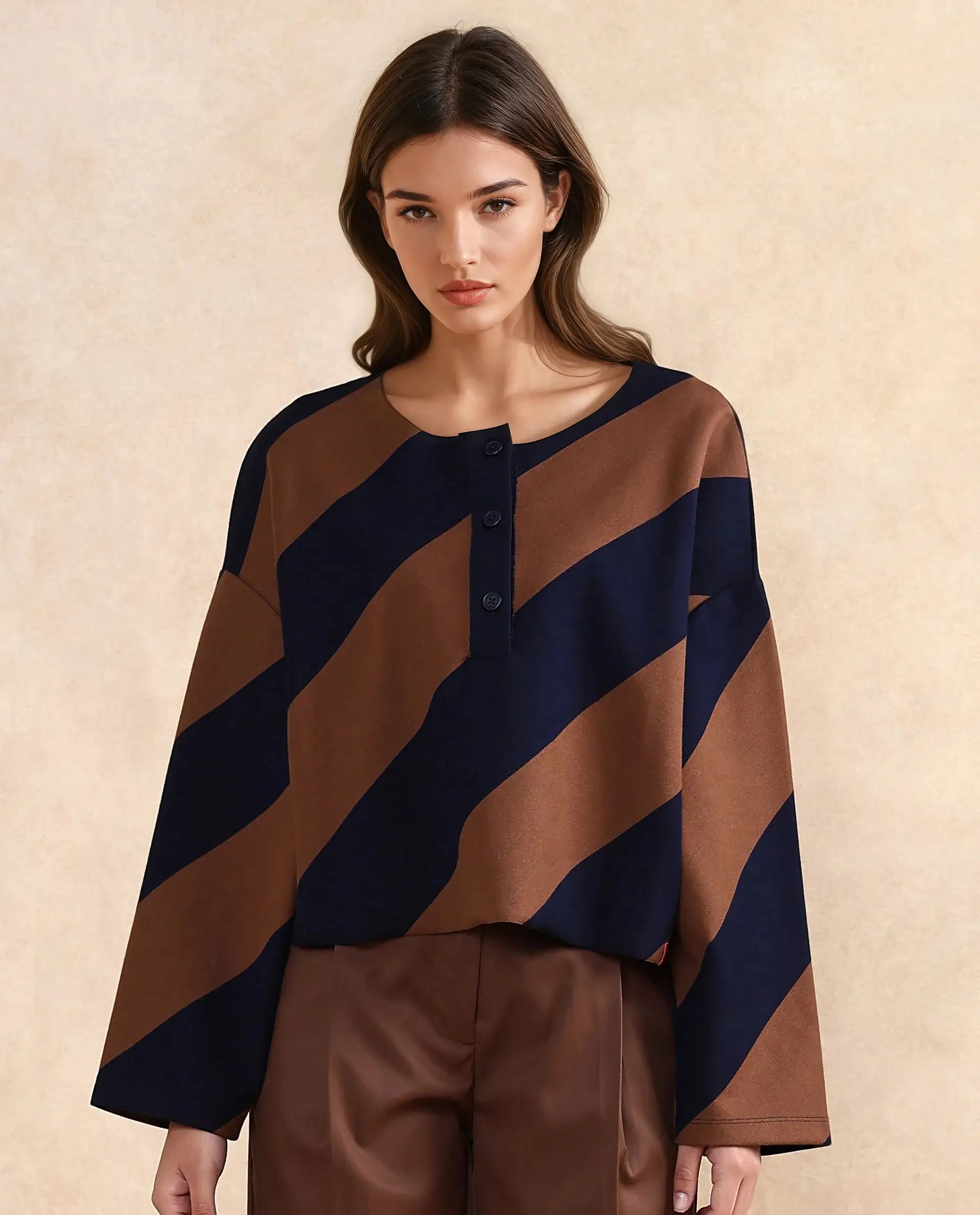 Rareism Women Yarny Brown Full Sleeve Henley Neck Button Closure Relaxed Fit Broad Stripes Top