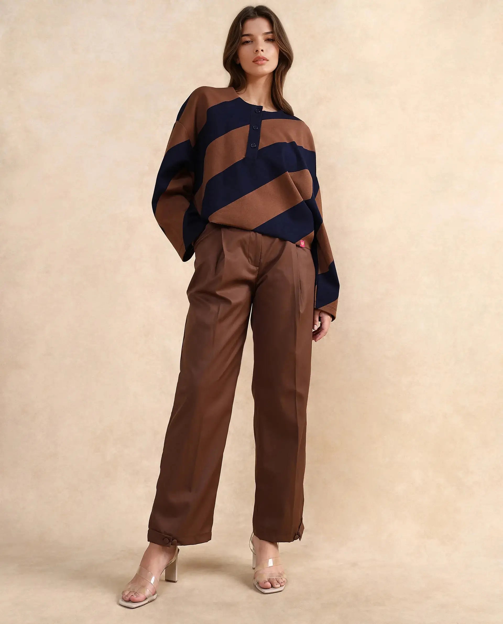 Rareism Women Yarny Brown Full Sleeve Henley Neck Button Closure Relaxed Fit Broad Stripes Top