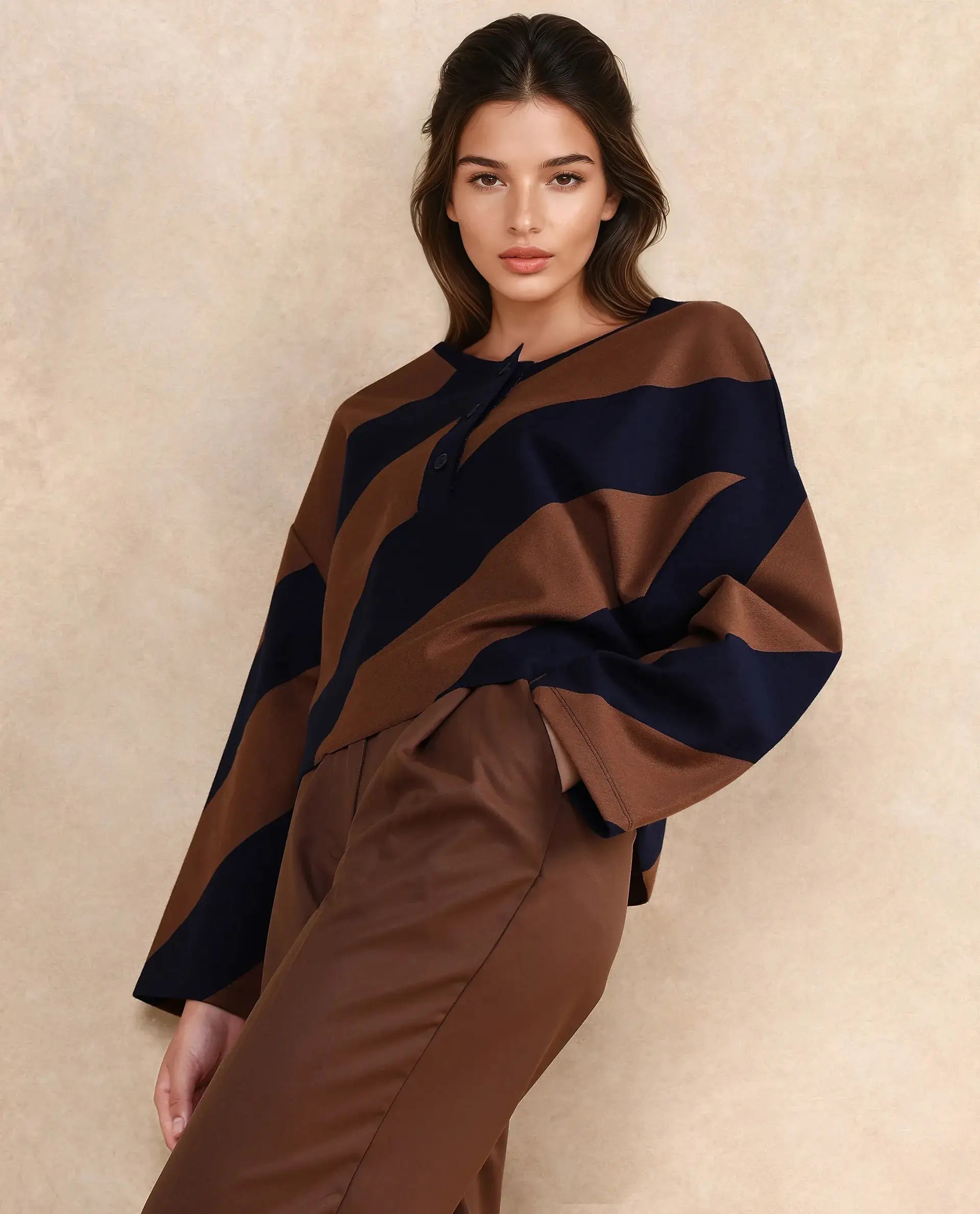 Rareism Women Yarny Brown Full Sleeve Henley Neck Button Closure Relaxed Fit Broad Stripes Top