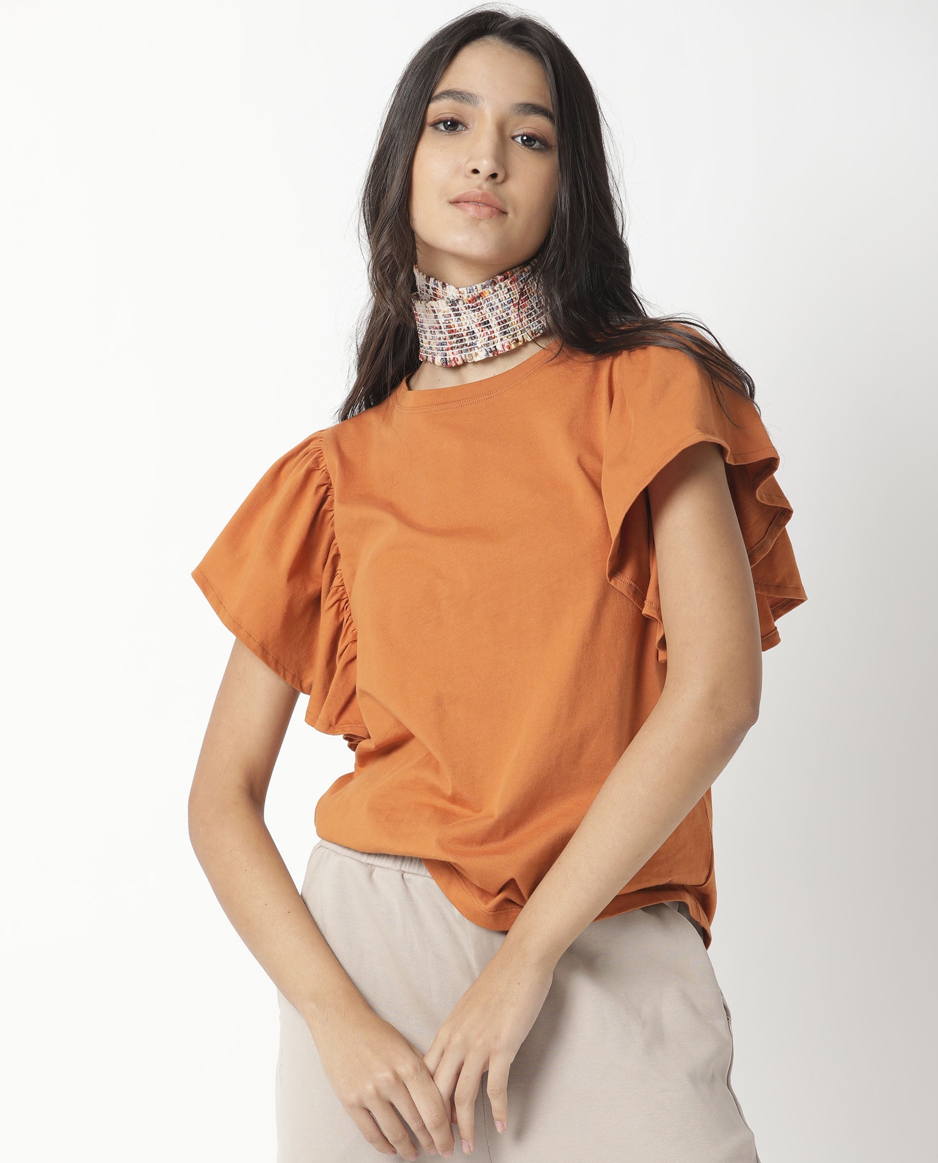 Rareism Womens Yatch Orange Top Cotton Fabric Regular Fit Ruffled Sleeves Crew Neck